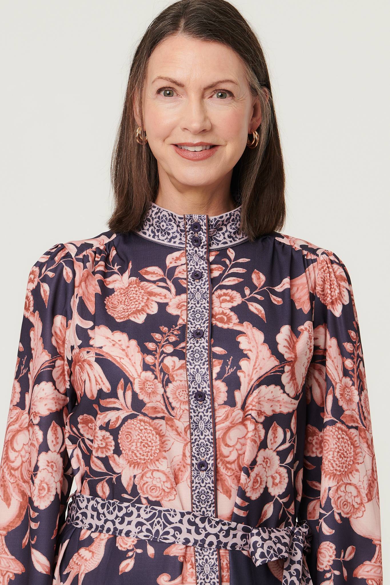 Border Print High Neck Maxi Shirt Dress Detail View
