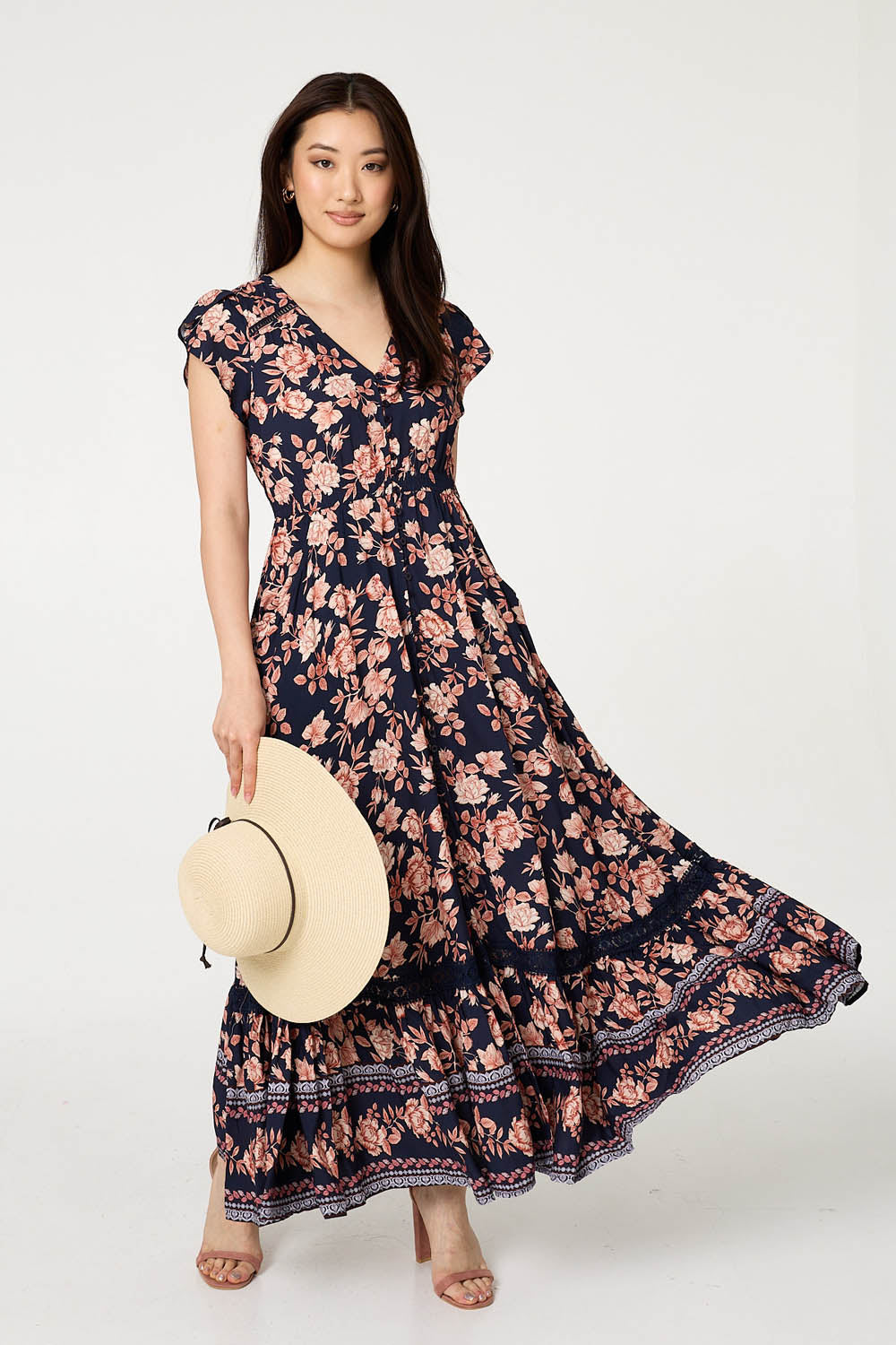 Lace Trim Tiered Cap Sleeve Maxi Dress Detail View