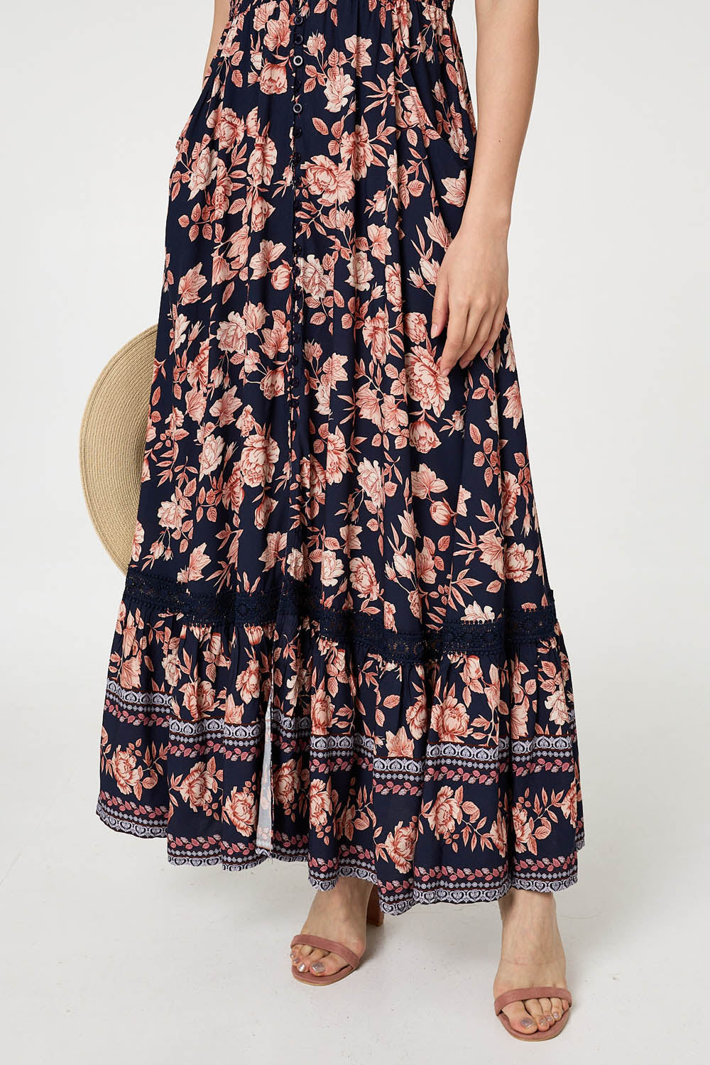 Lace Trim Tiered Cap Sleeve Maxi Dress Front View 2