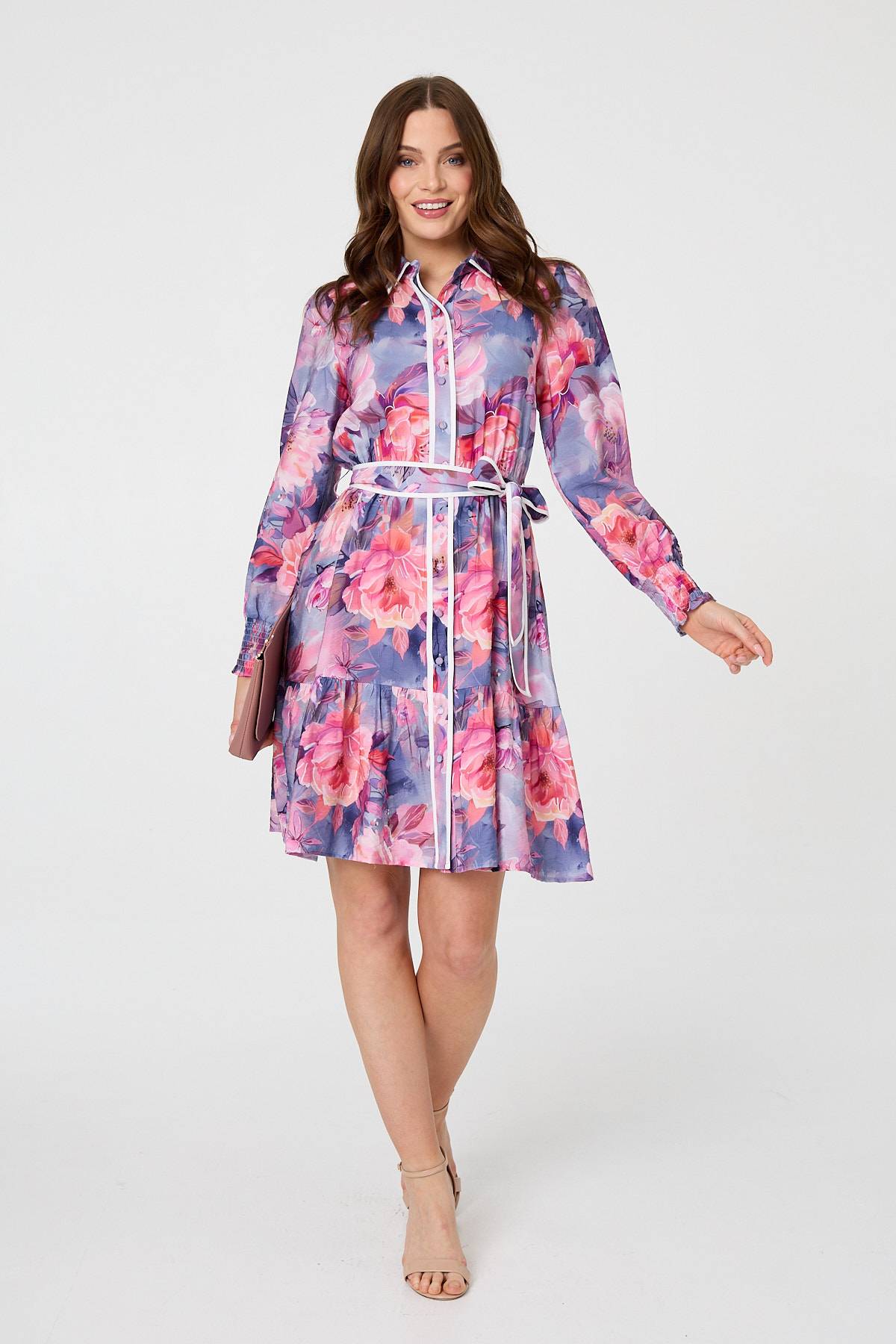 Floral Tiered Knee Length Shirt Dress Front View