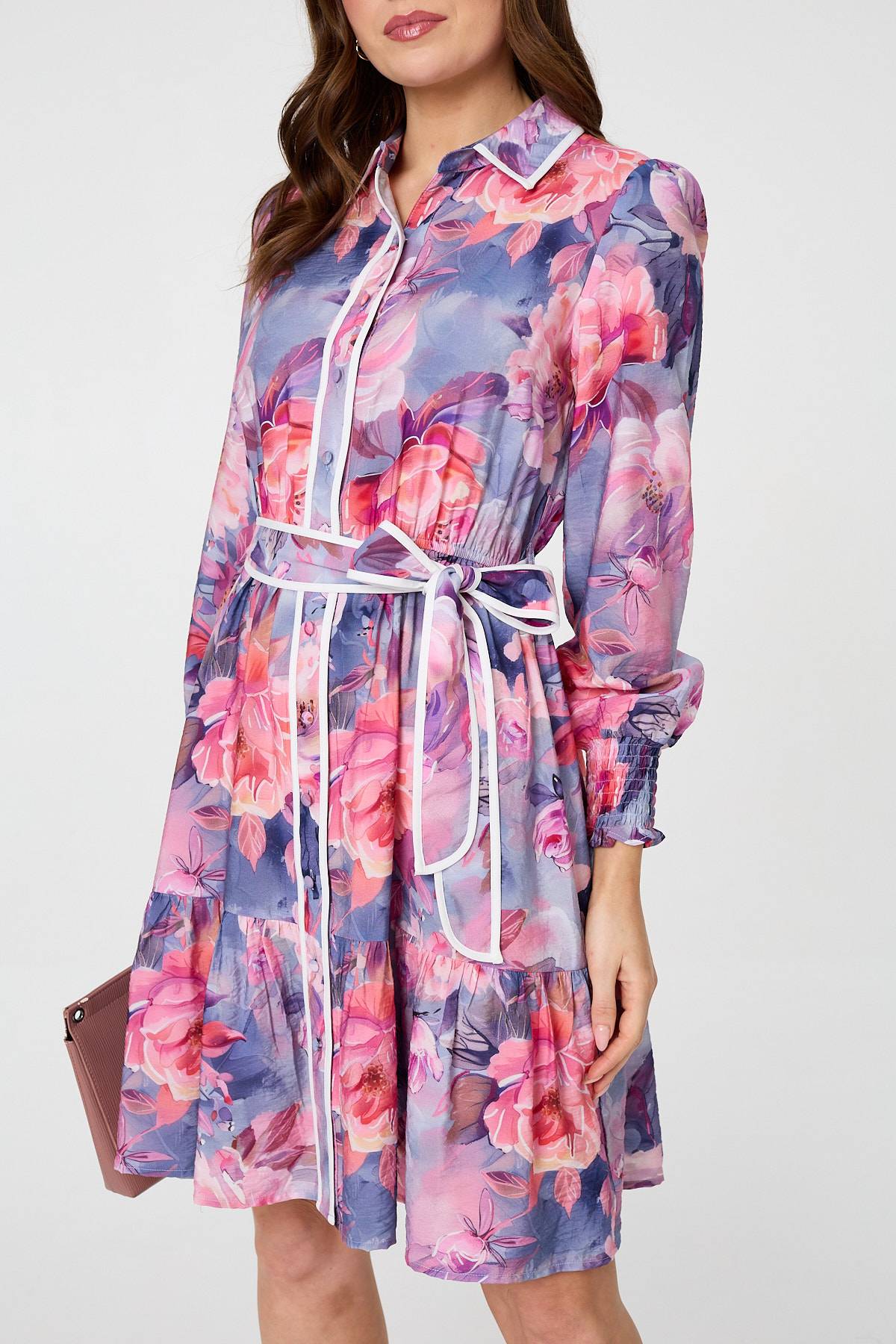 Floral Tiered Knee Length Shirt Dress Full Length View