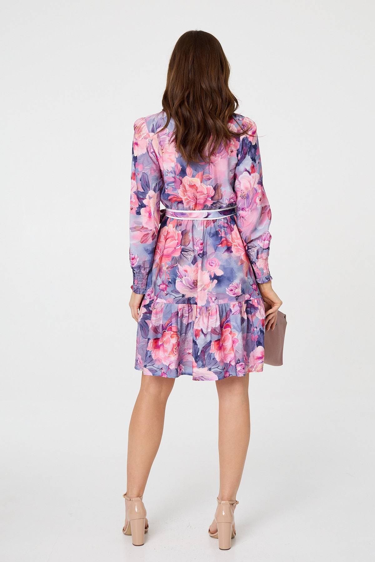 Floral Tiered Knee Length Shirt Dress Detail View