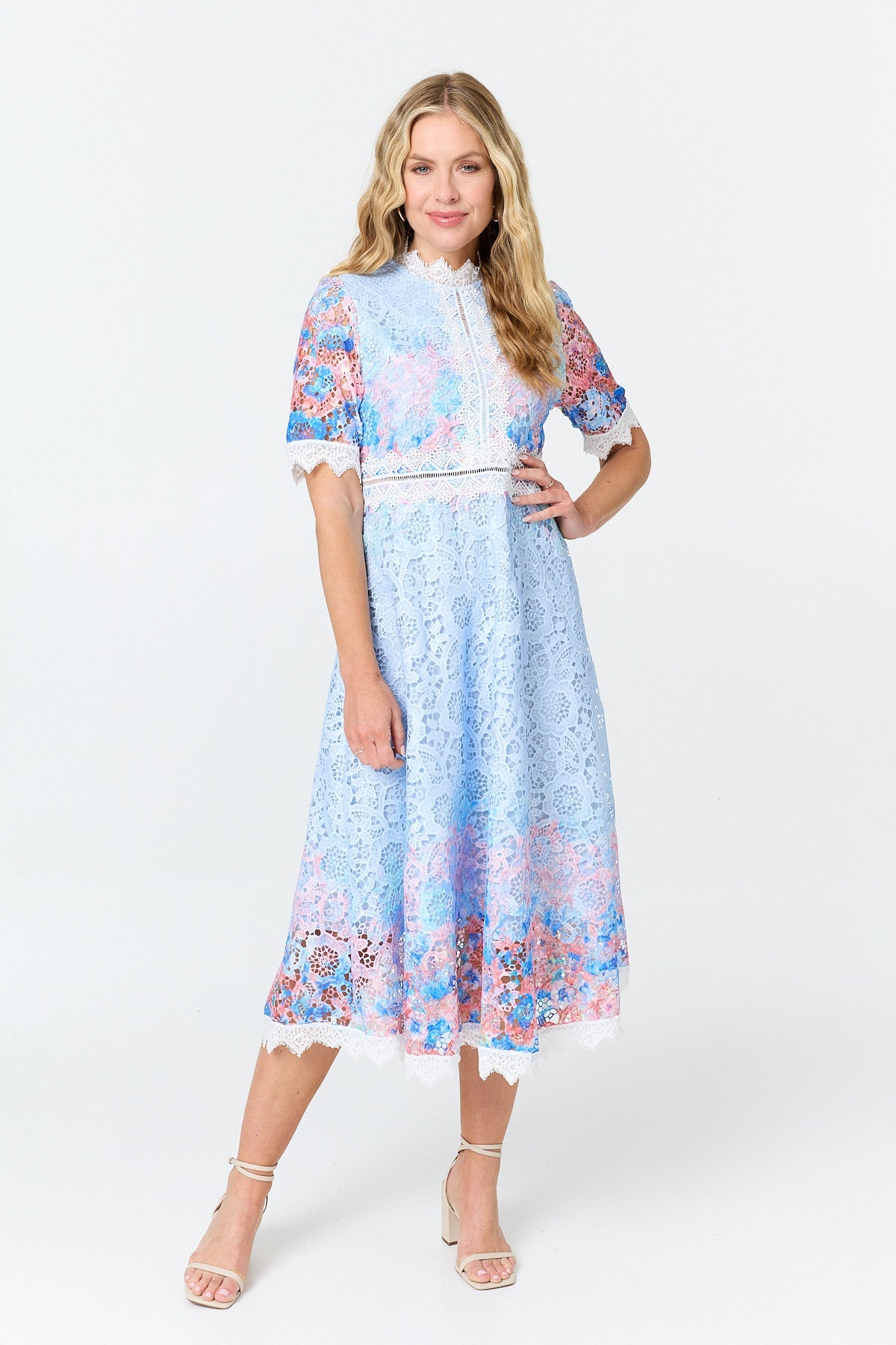 Floral Lace Trim 1/2 Sleeve Midi Dress Front View