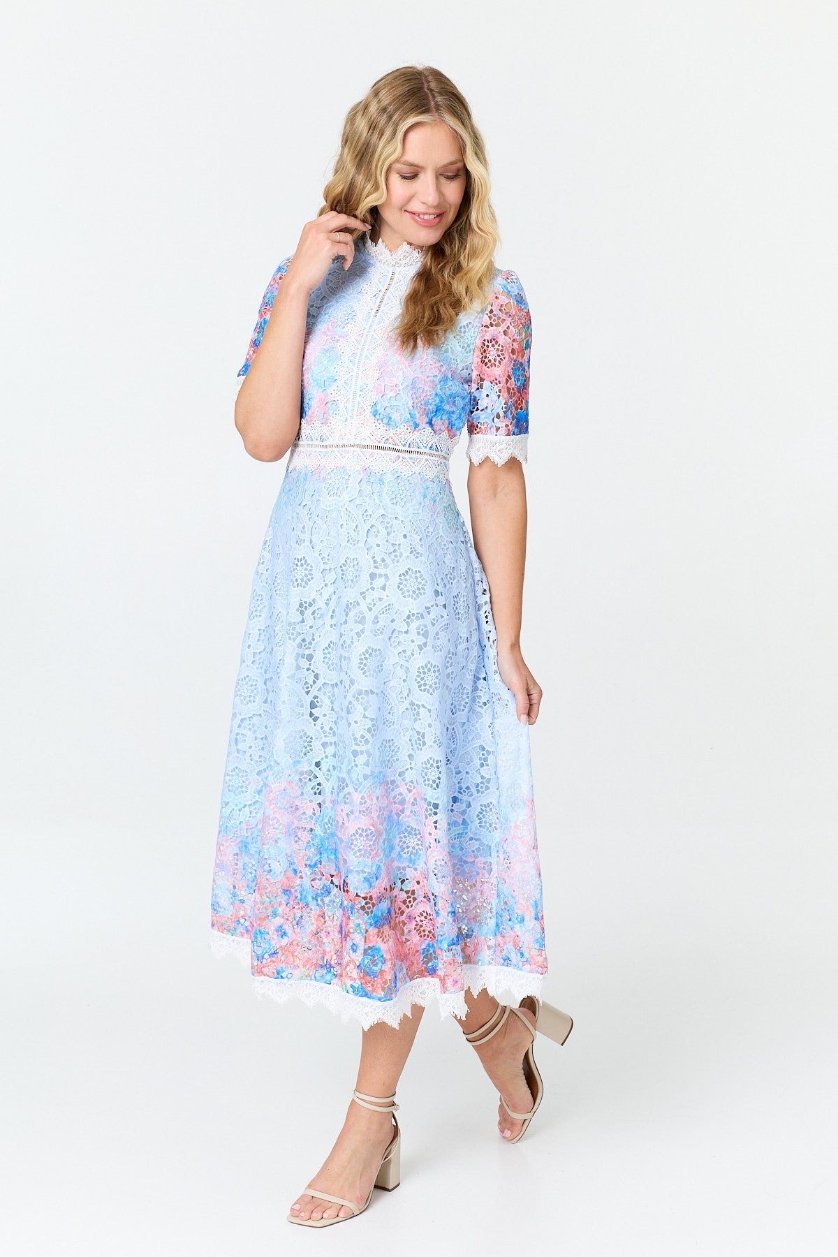 Floral Lace Trim 1/2 Sleeve Midi Dress Detail View