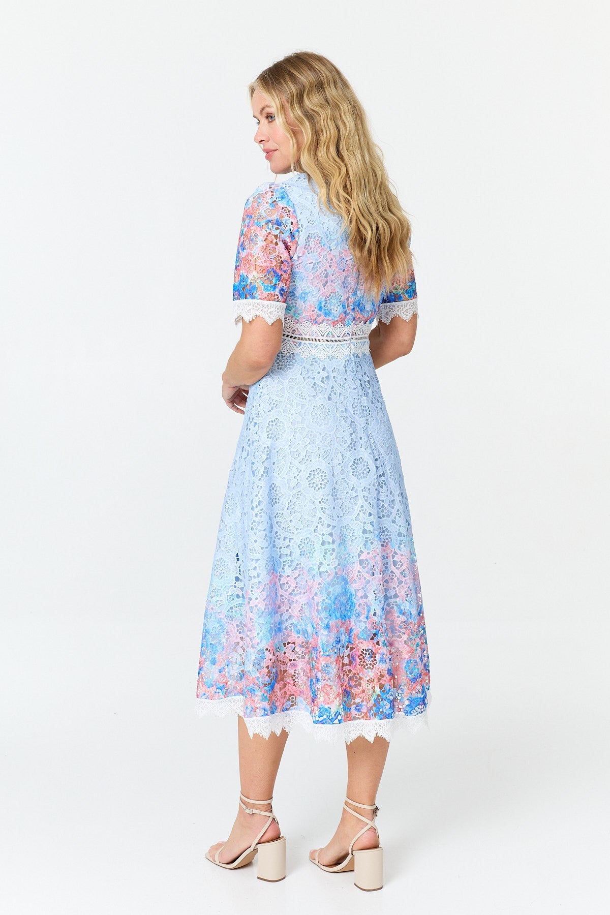 Floral Lace Trim 1/2 Sleeve Midi Dress Side View