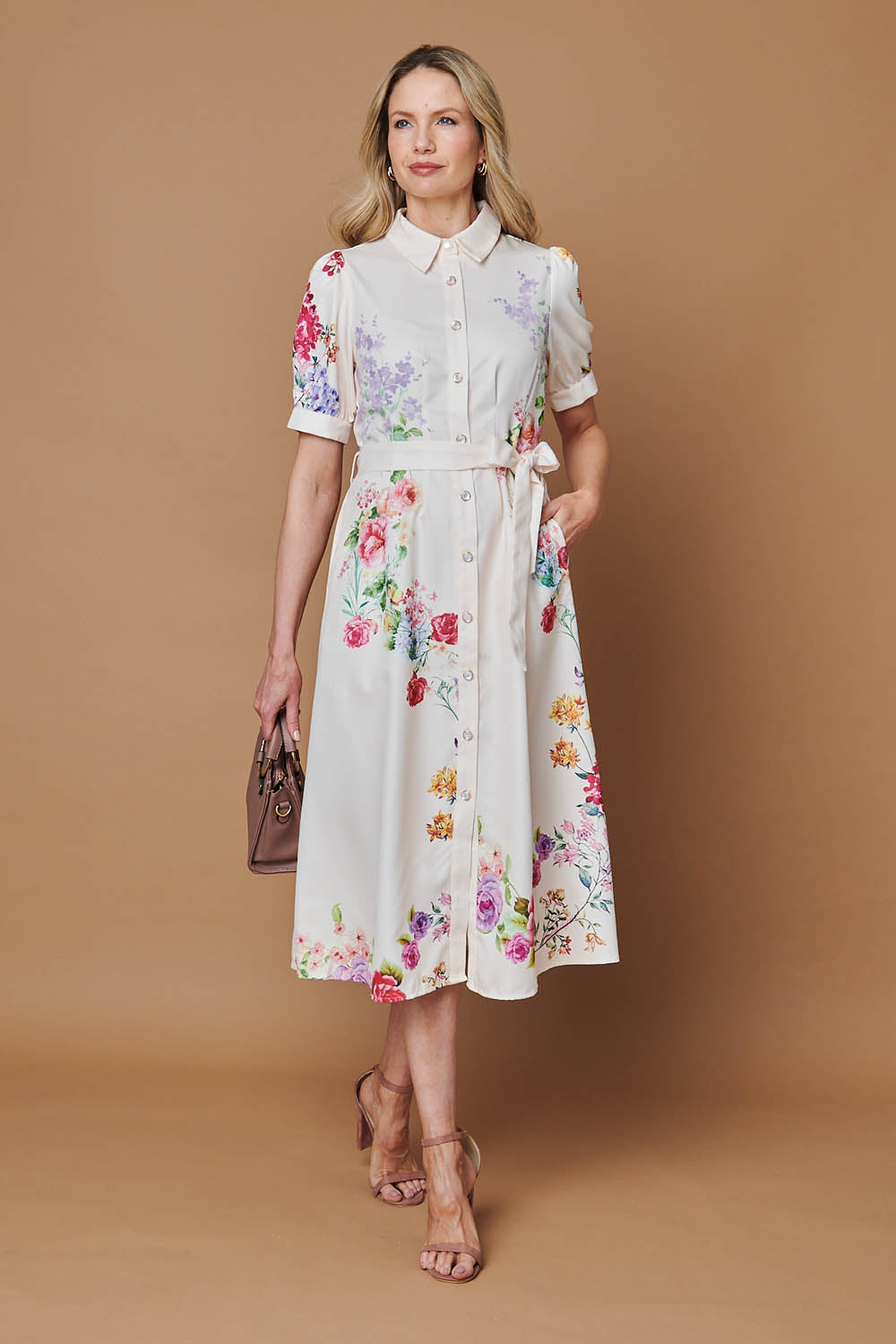Floral 1/2 Sleeve Tie Waist Midi Dress Detail View