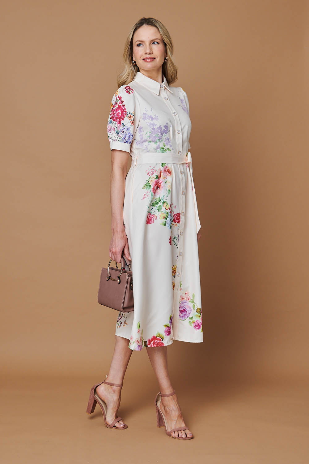 Floral 1/2 Sleeve Tie Waist Midi Dress Front View