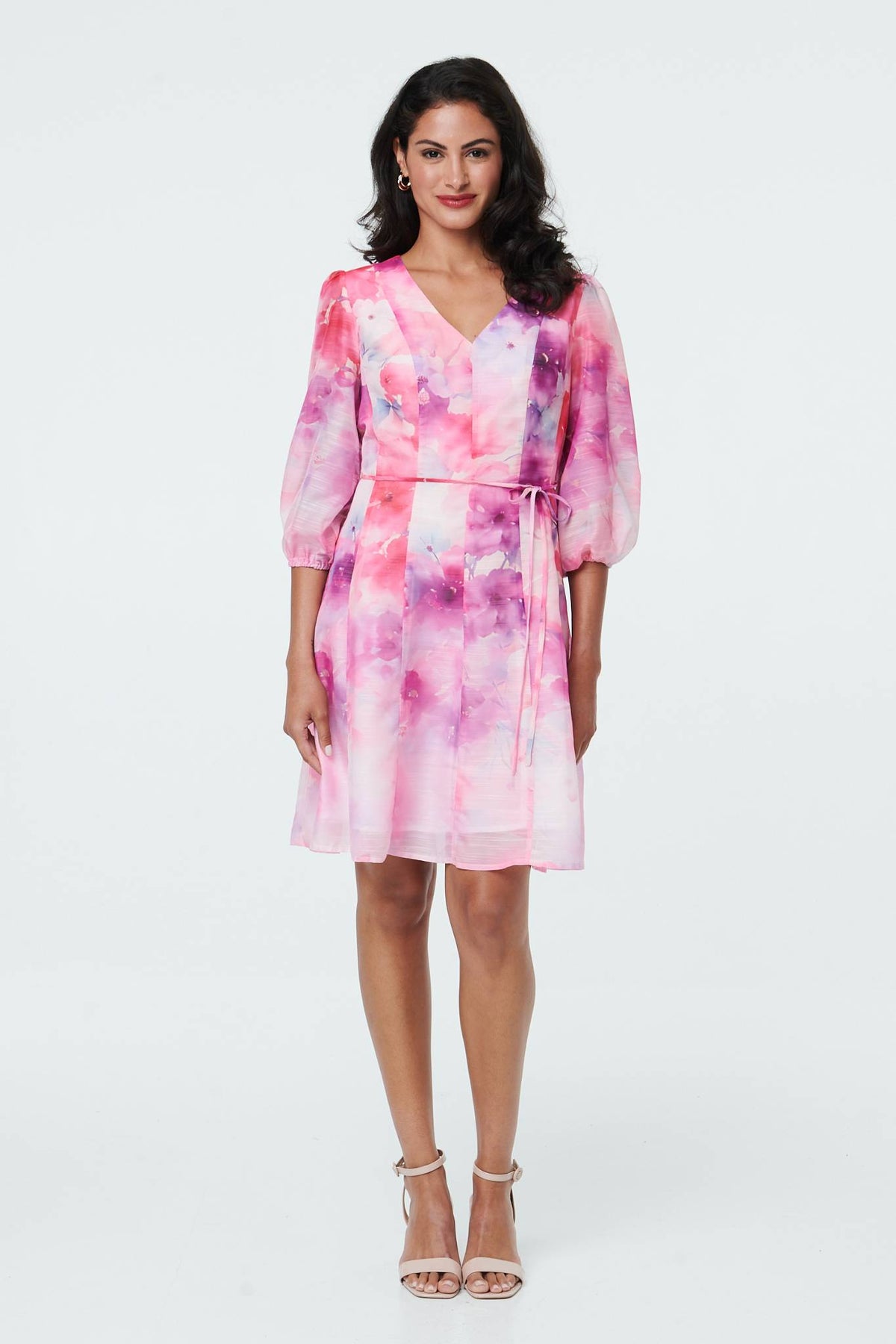Floral Layer 3/4 Puff Sleeve Short Dress Back View