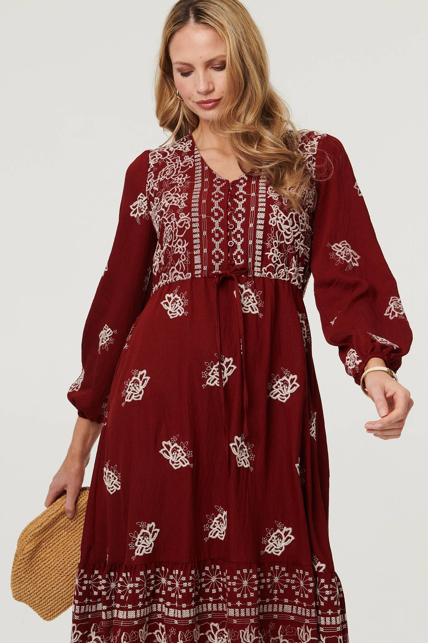 Embroidered Long Sleeve Midi Dress Full Length View