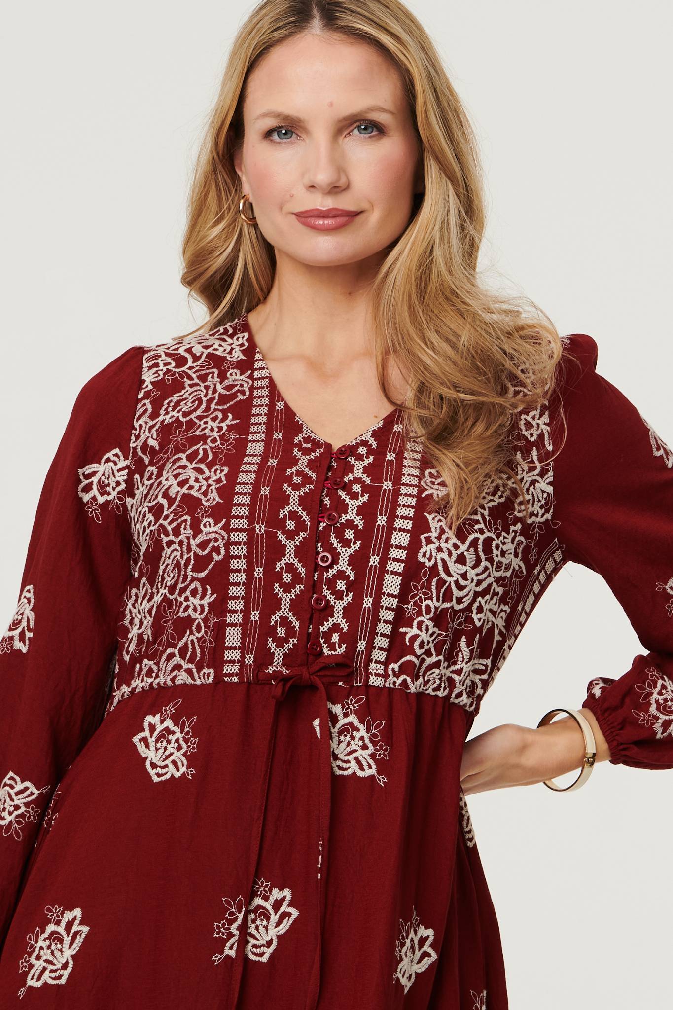 Embroidered Long Sleeve Midi Dress Detail View