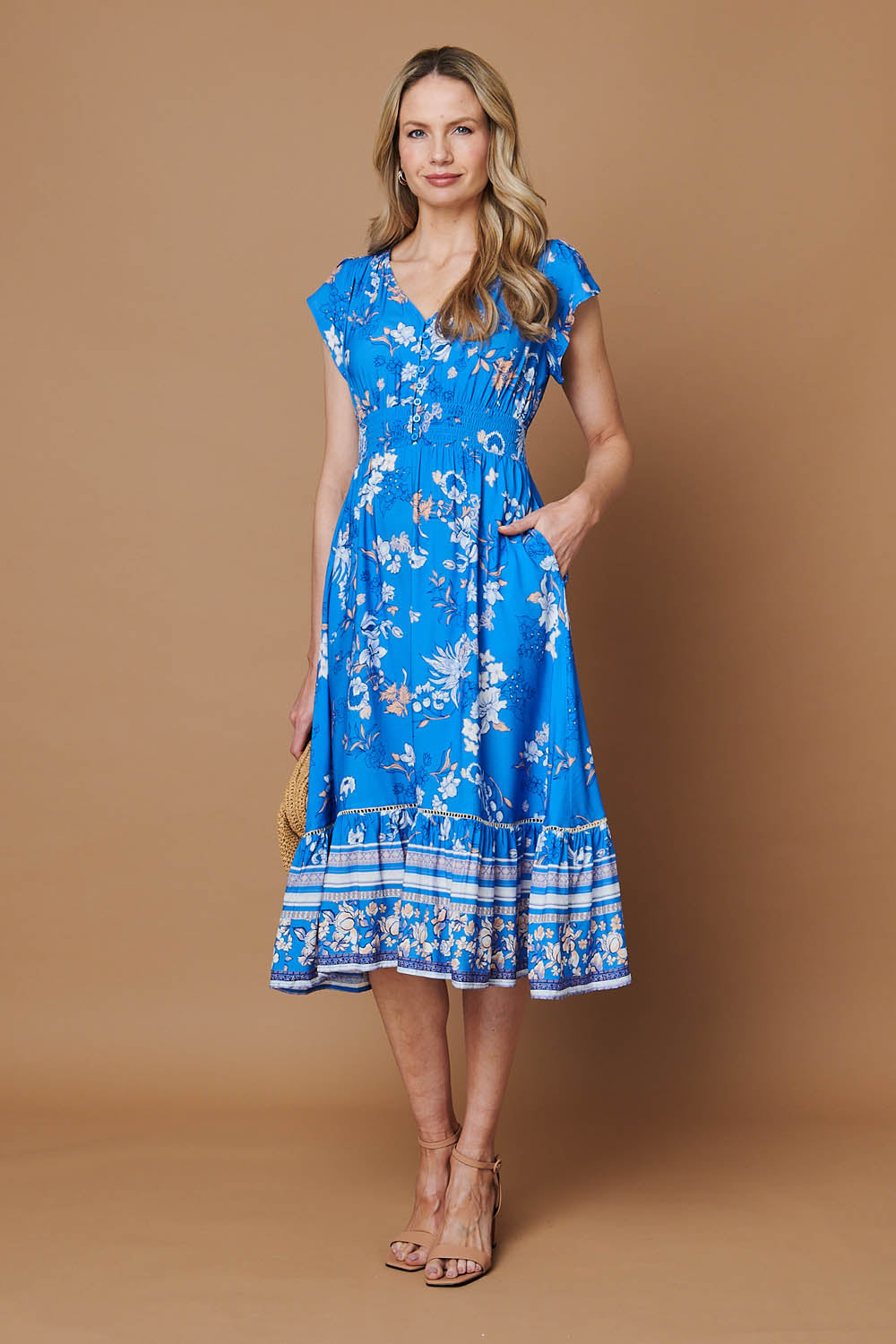 Floral Cap Sleeved Shirred Midi Dress Styled View