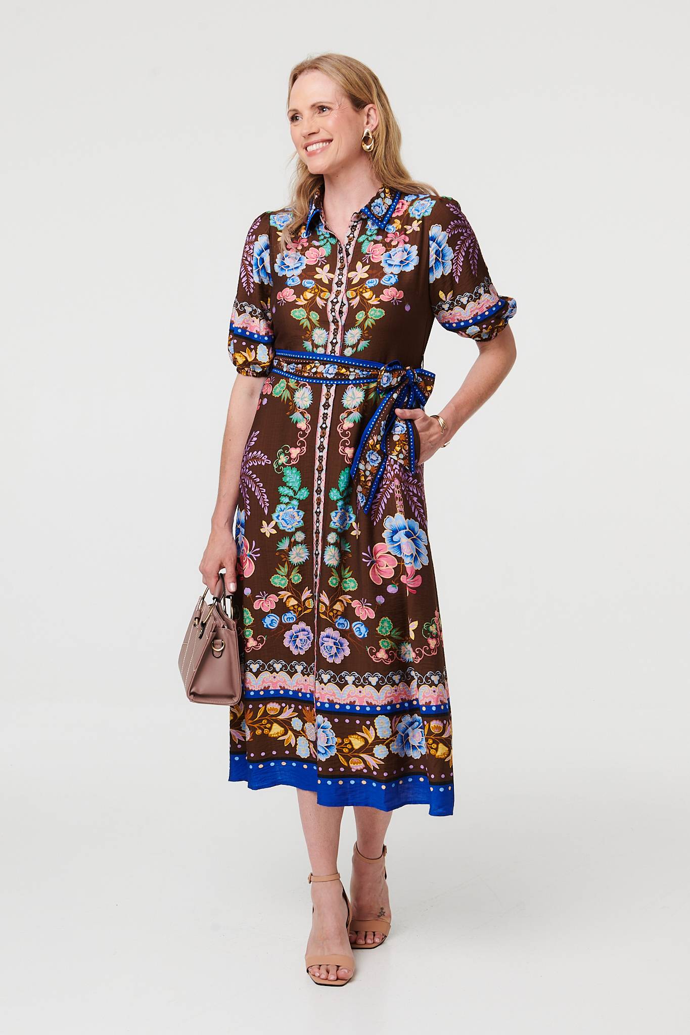 Floral 1/2 Puff Sleeve Shirt Midi Dress Front View