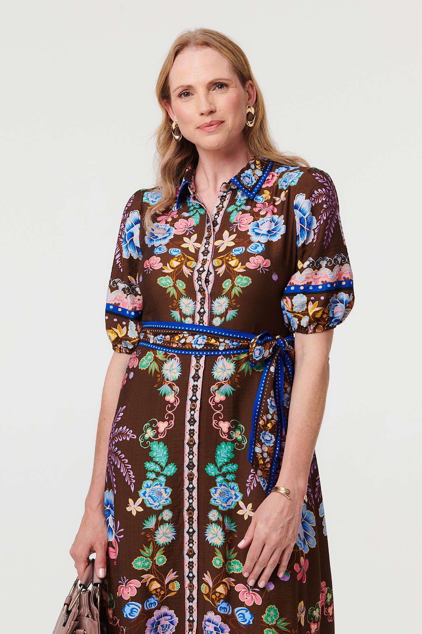 Floral 1/2 Puff Sleeve Shirt Midi Dress Back View