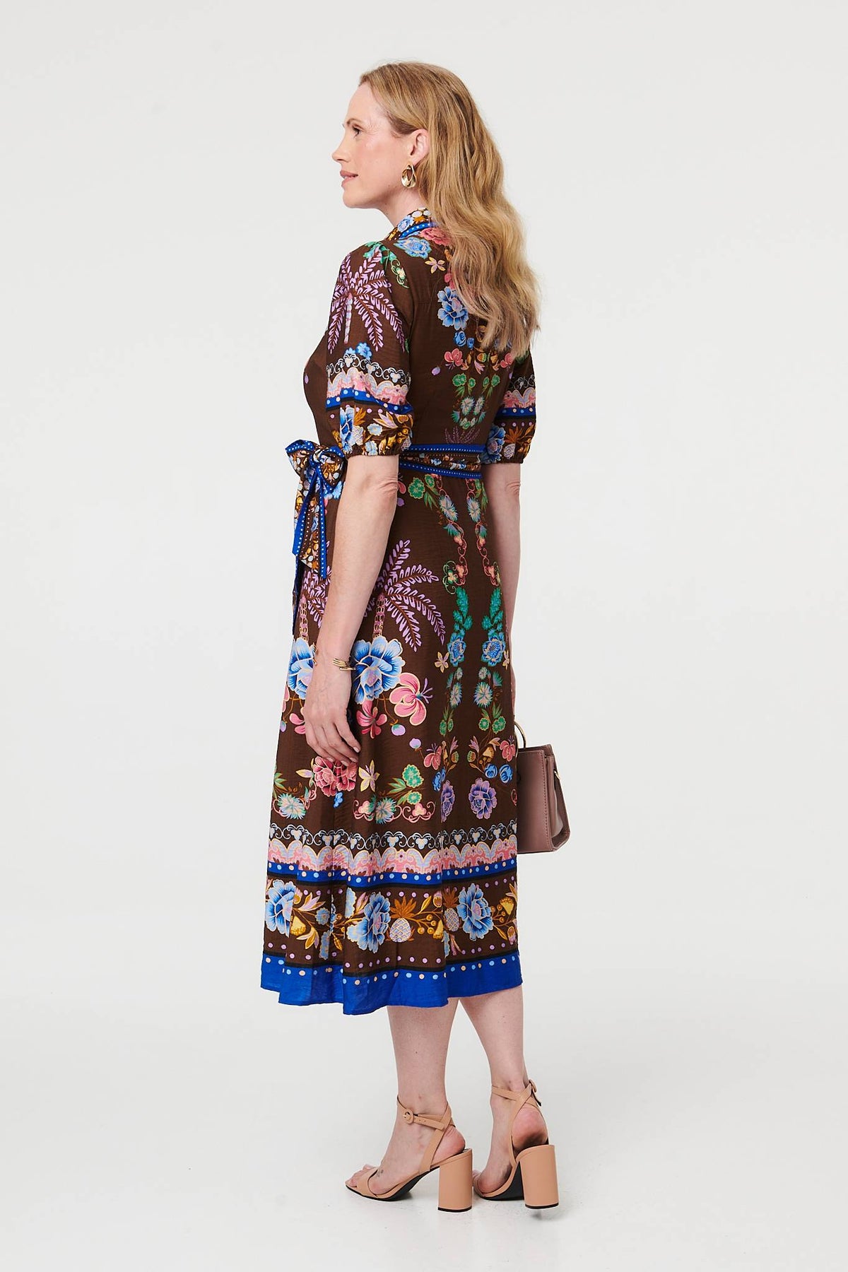 Floral 1/2 Puff Sleeve Shirt Midi Dress Side View