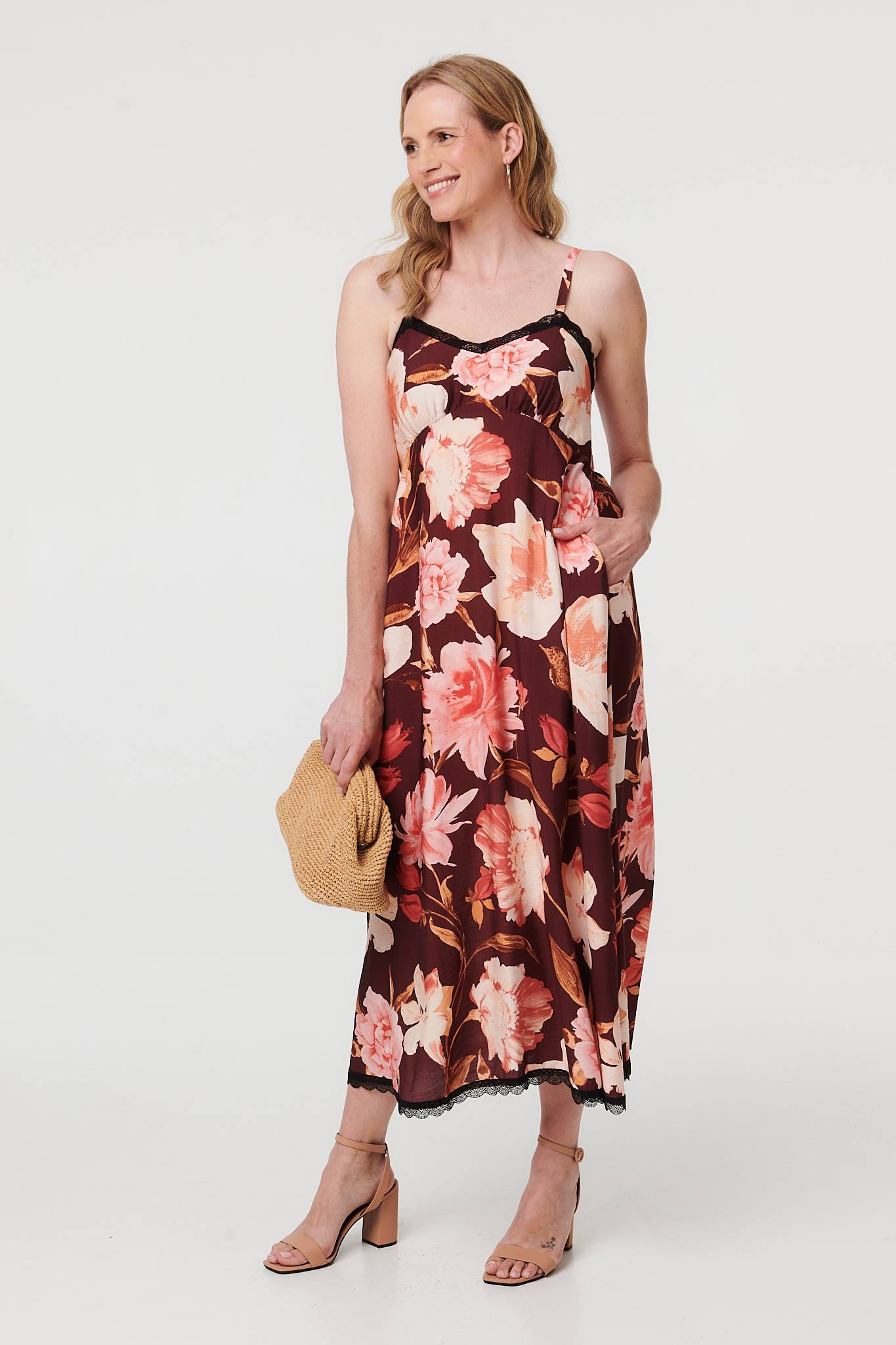 Floral Sleeveless Lace Trim Maxi Dress Front View