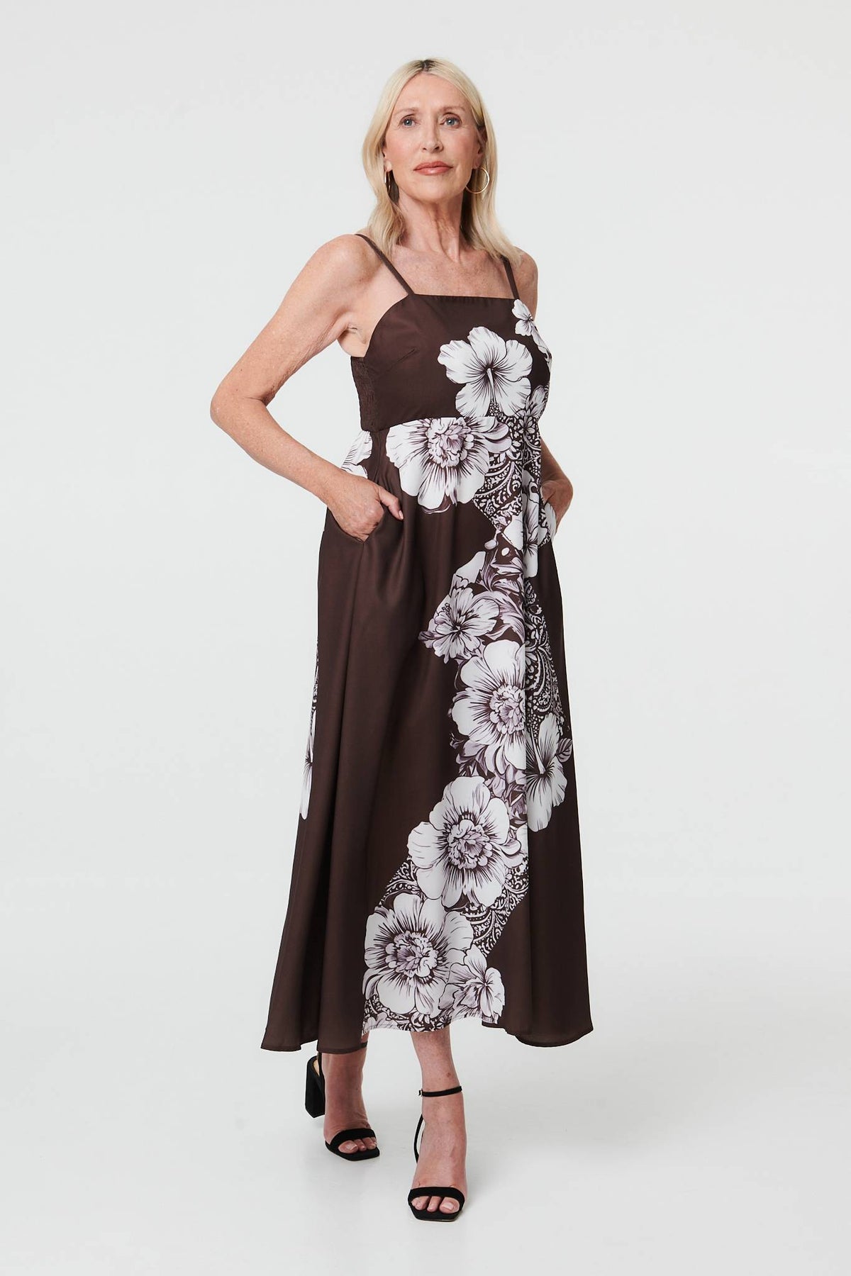 Floral Sleeveless Cami A-Line Midi Dress Detail View