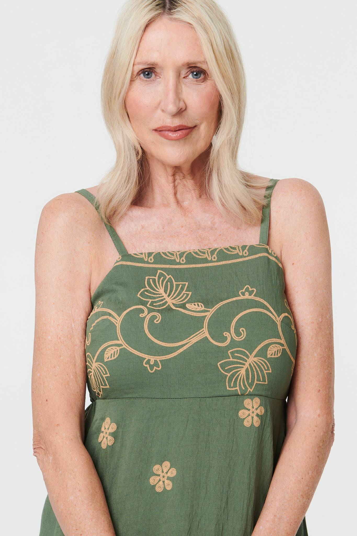 Floral Embroidered Cami Strap Midi Dress Styled View