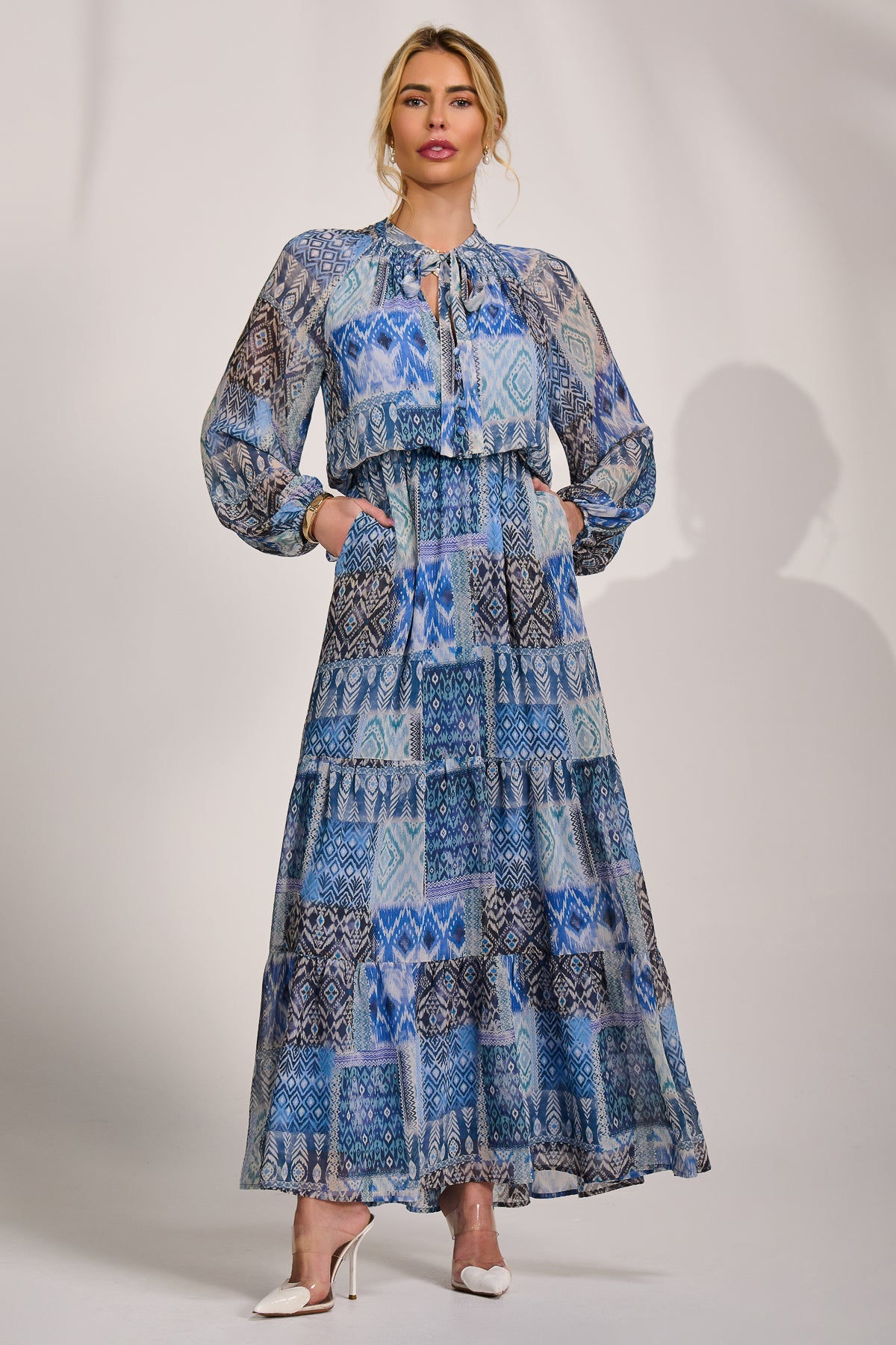 Long Sleeve Chiffon Tiered Maxi Dress Front View