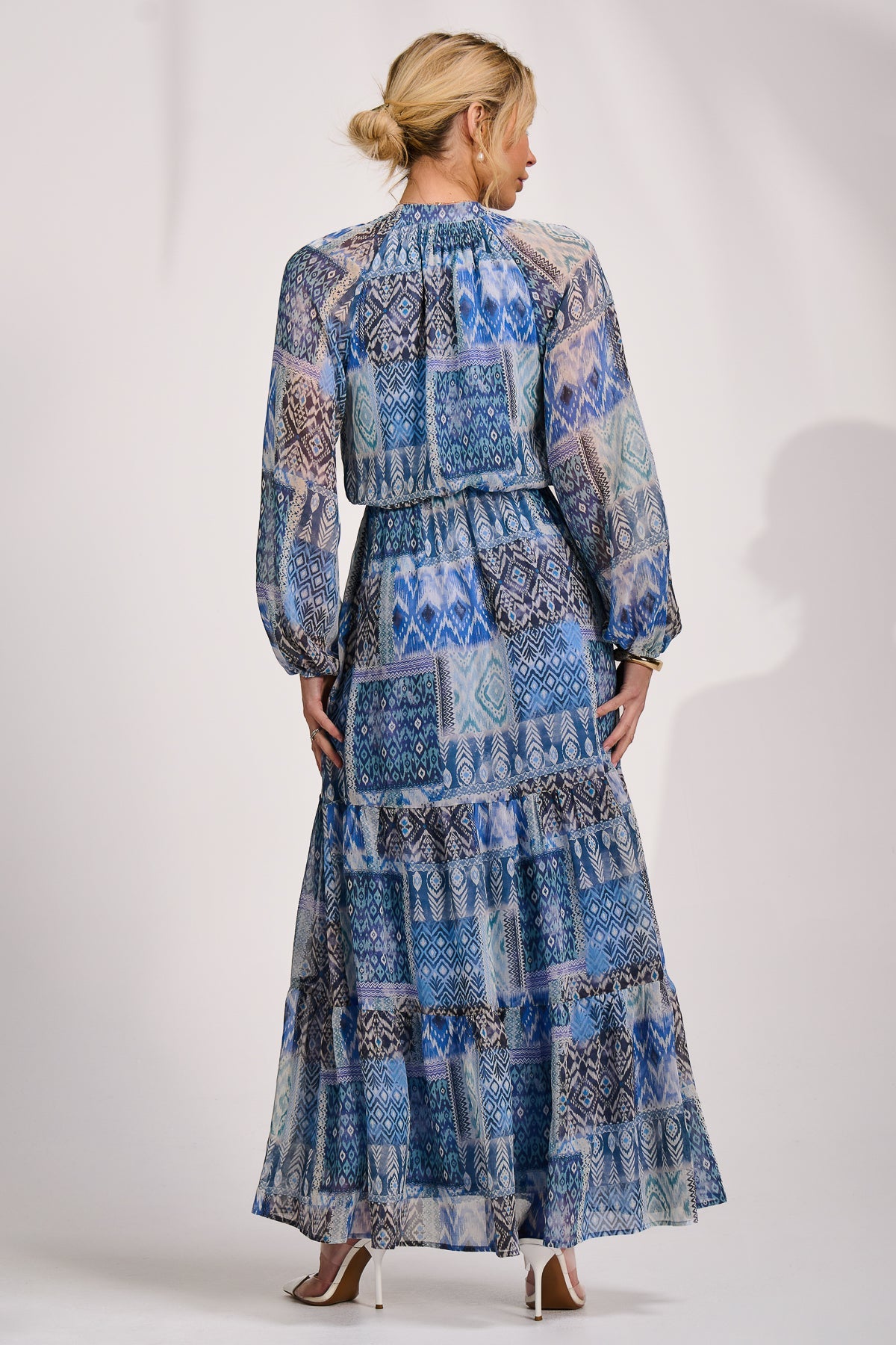 Long Sleeve Chiffon Tiered Maxi Dress Back View