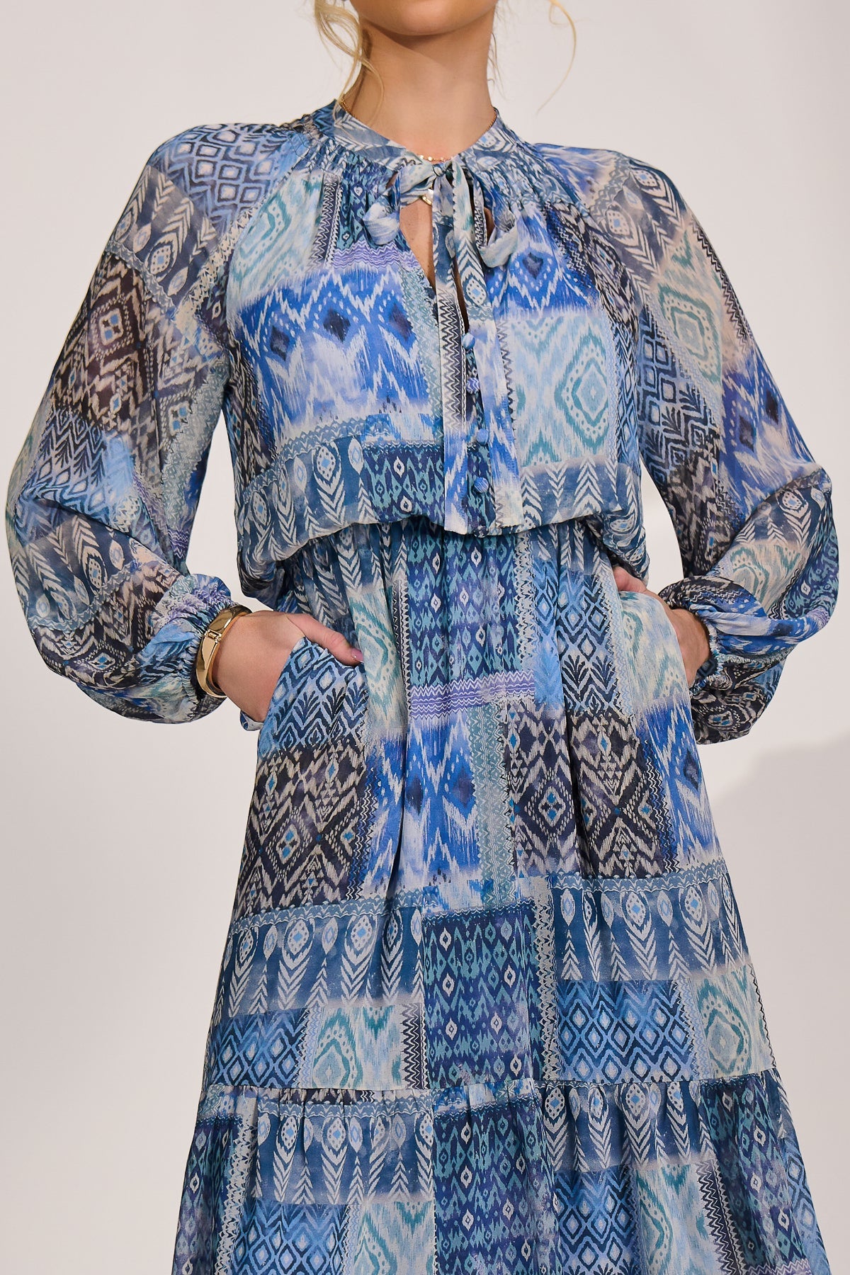 Long Sleeve Chiffon Tiered Maxi Dress Side View