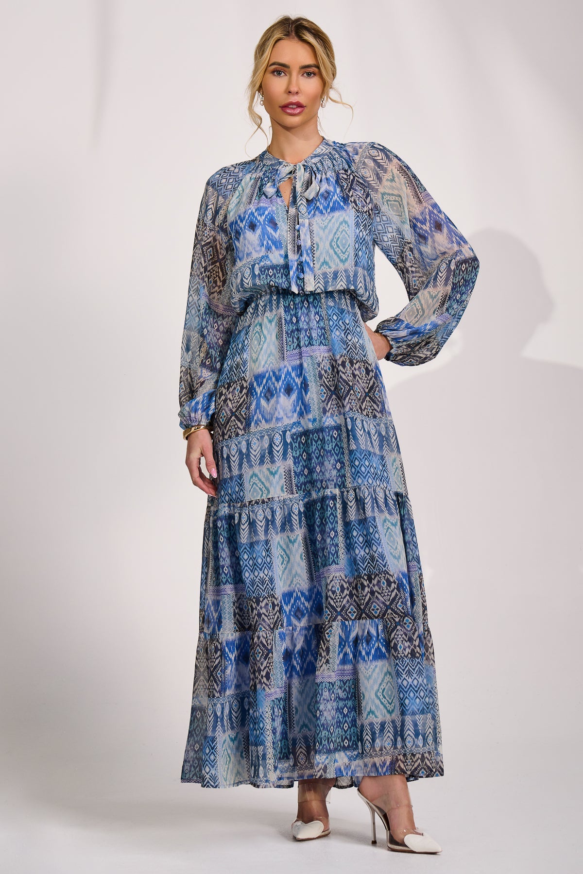 Long Sleeve Chiffon Tiered Maxi Dress Full Length View