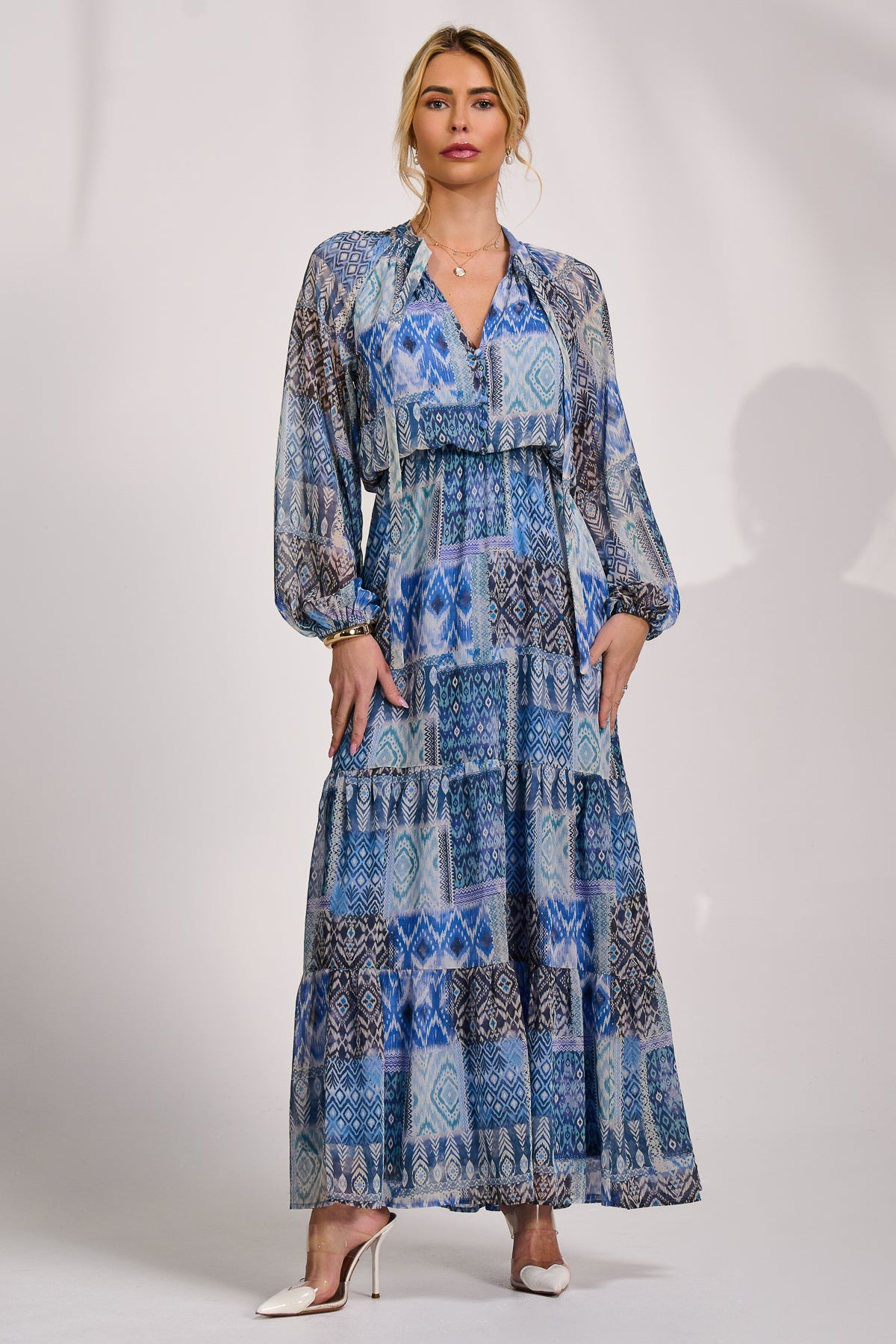 Long Sleeve Chiffon Tiered Maxi Dress Detail View