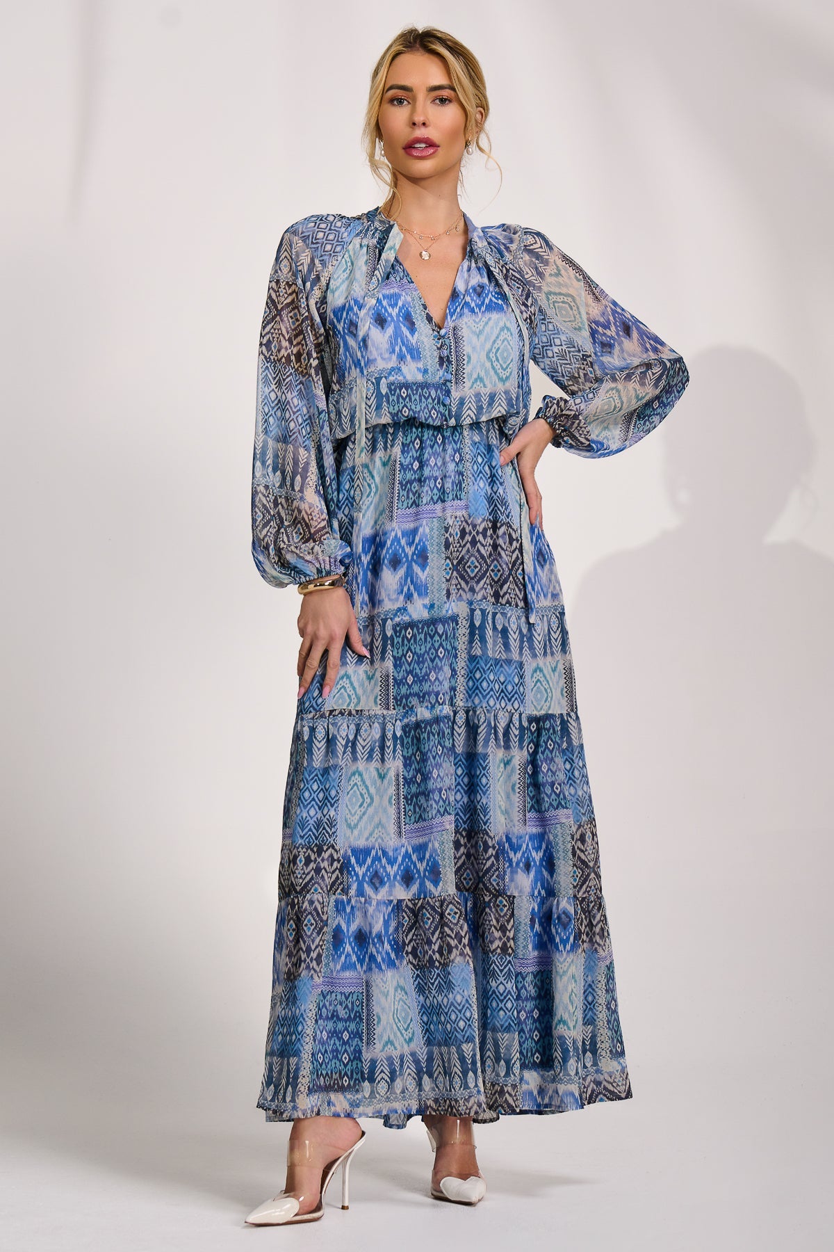 Long Sleeve Chiffon Tiered Maxi Dress Styled View