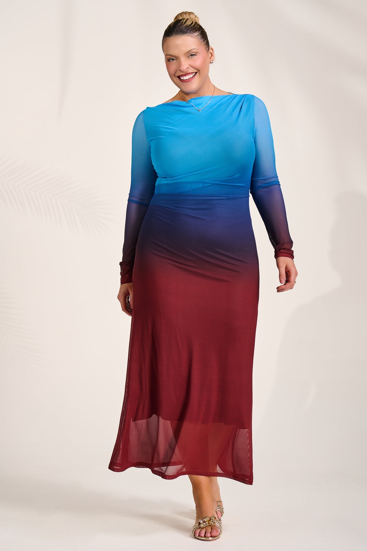 Long Sleeve Slash Neck Mesh Maxi Dress Burgundy Ombre Styled View
