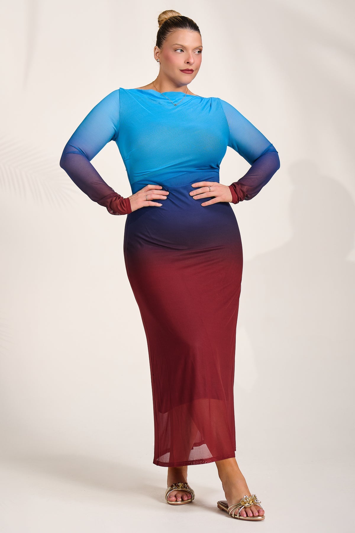 Long Sleeve Slash Neck Mesh Maxi Dress Burgundy Ombre Detail View