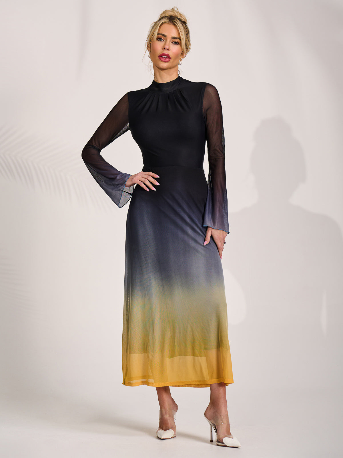 Long Sleeve High Neck Mesh Dress Front View