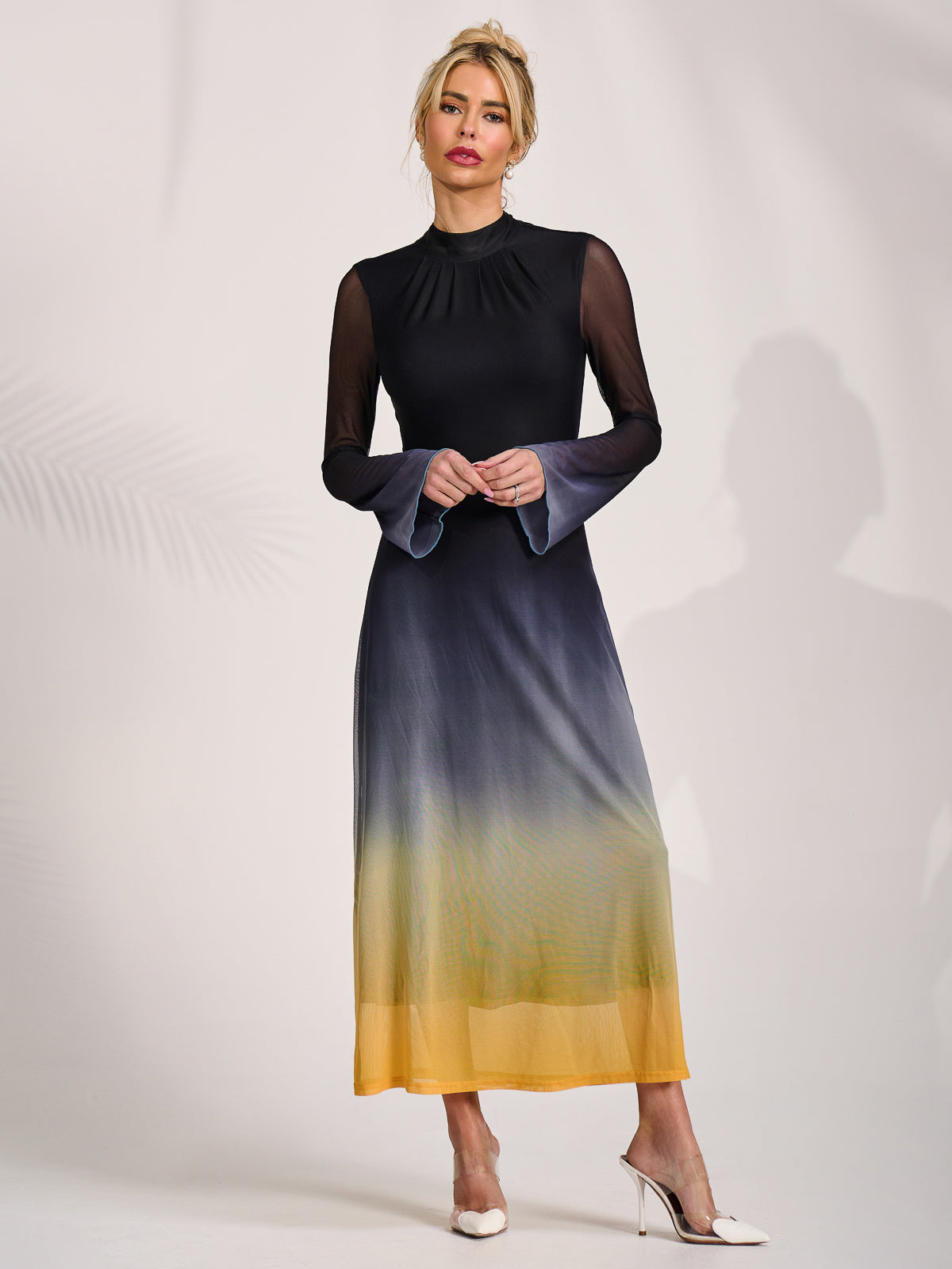 Long Sleeve High Neck Mesh Dress Detail View
