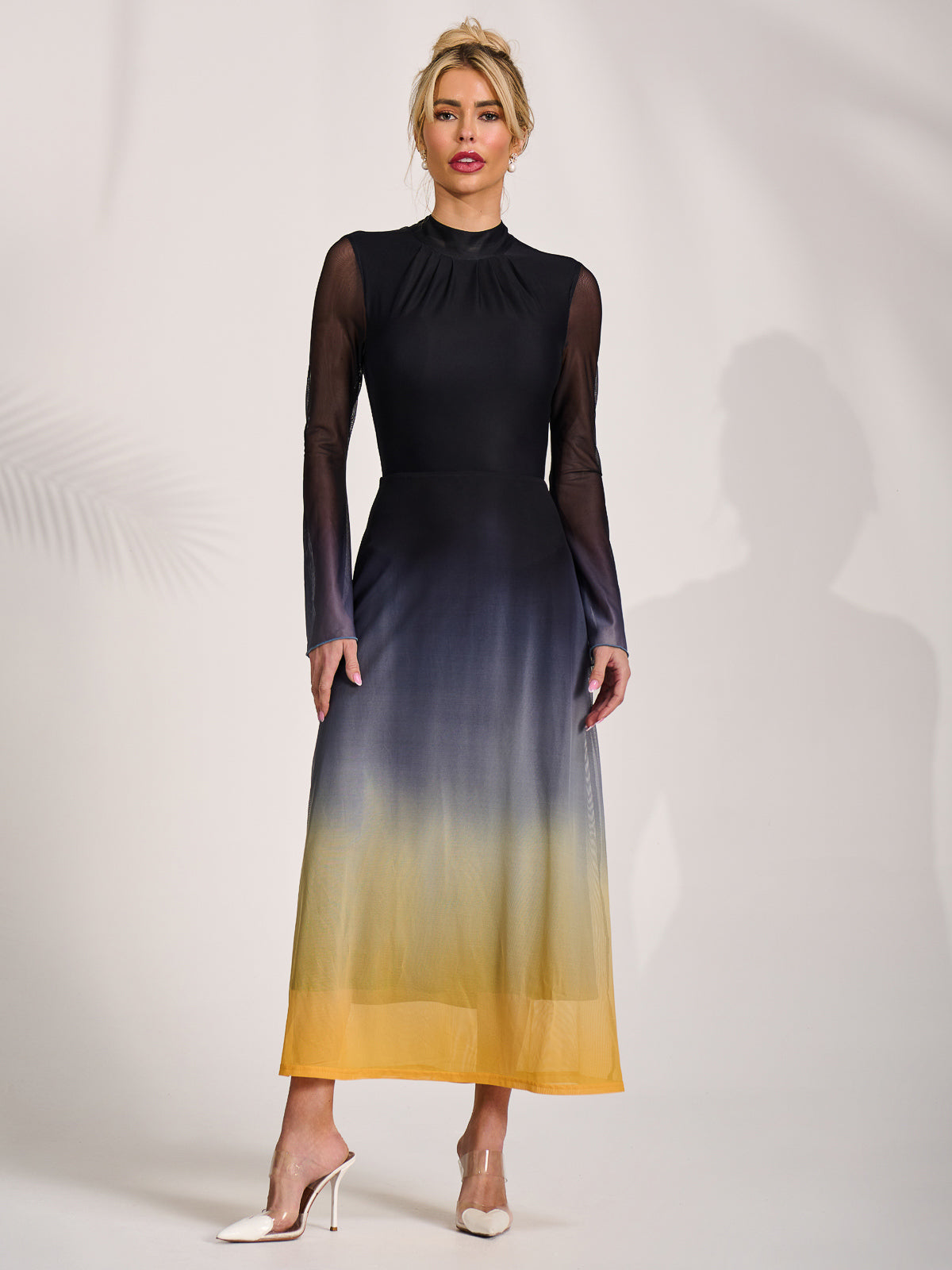 Long Sleeve High Neck Mesh Dress Styled View