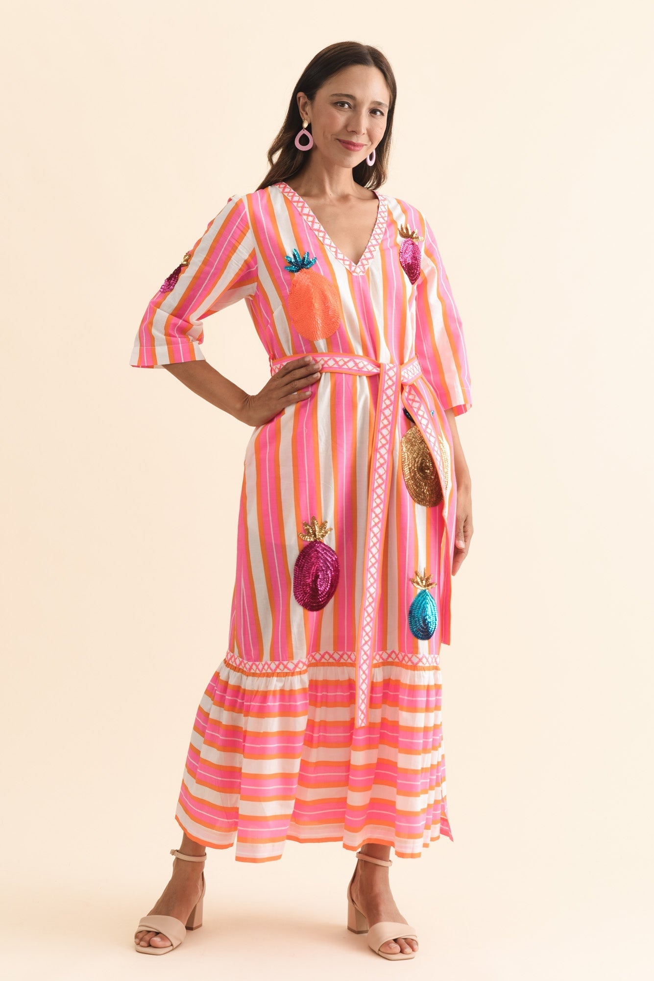 Dakota Pink Pineapple Sequin Cotton Dress Front View