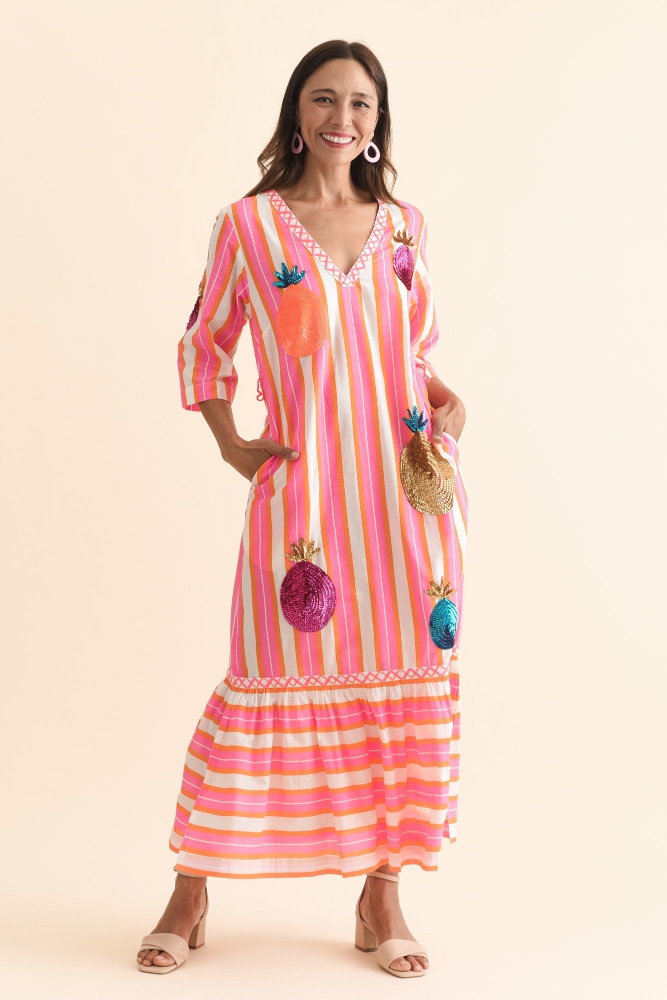 Dakota Pink Pineapple Sequin Cotton Dress Front View 2