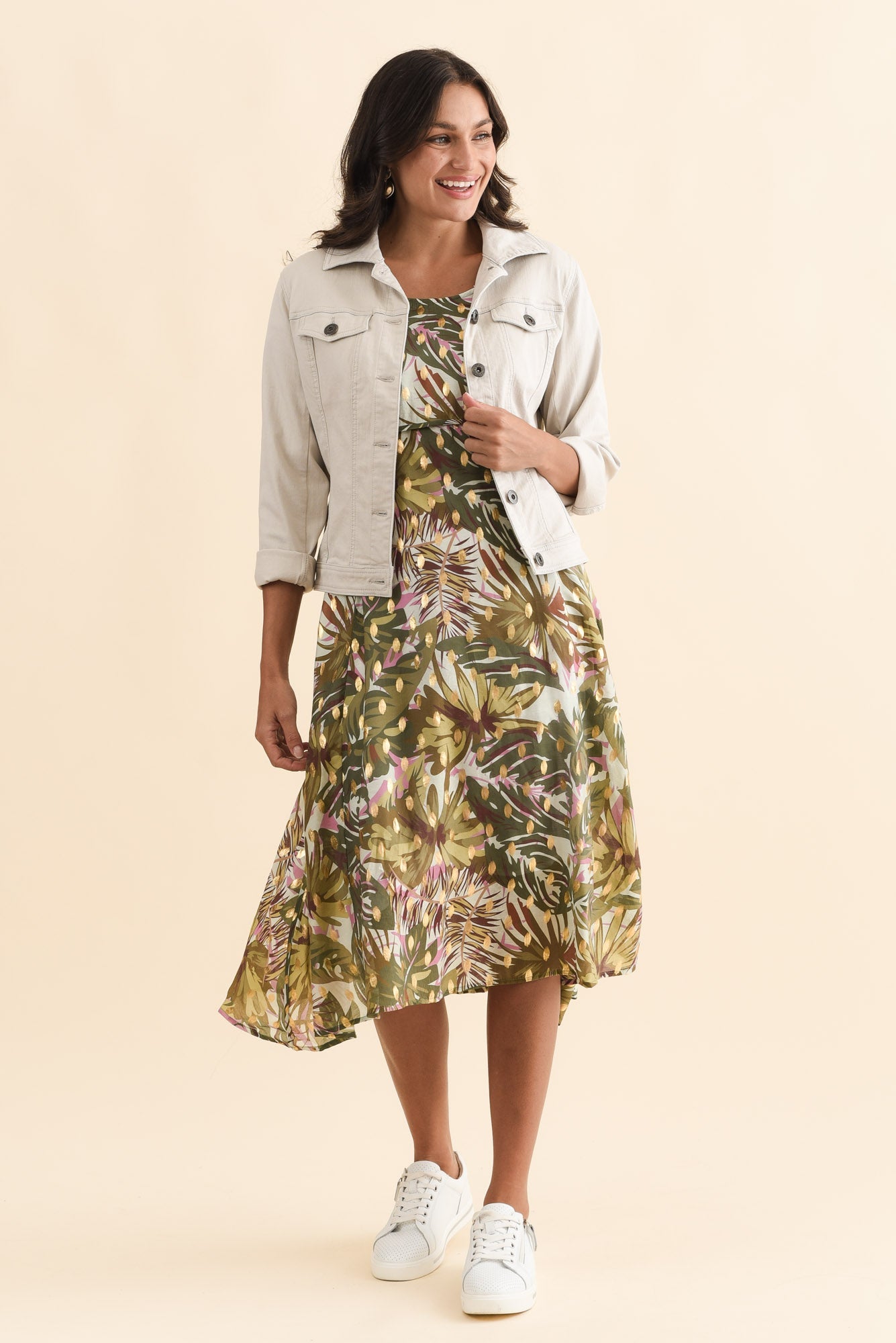 Darling Khaki Tropical Foil Crescent Dress Front View