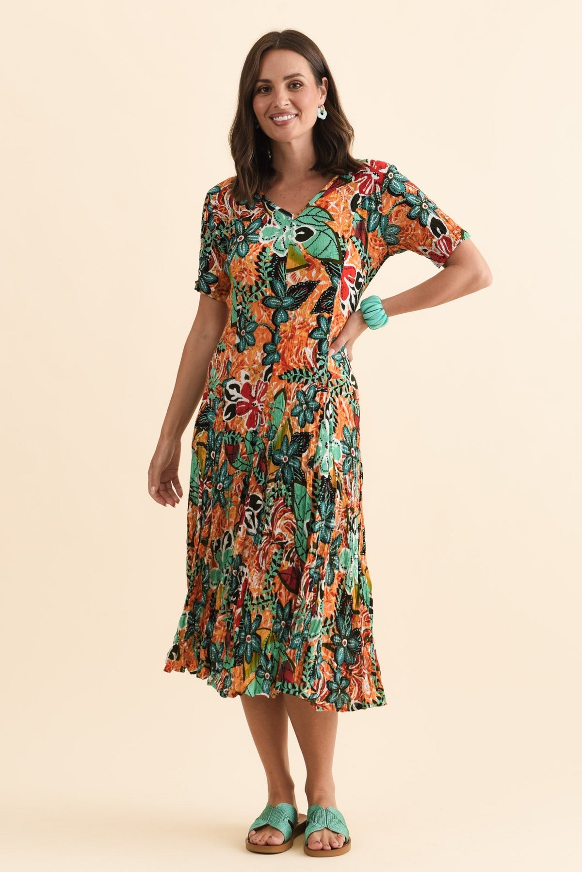 Danika Orange Floral Midi Dress Front View
