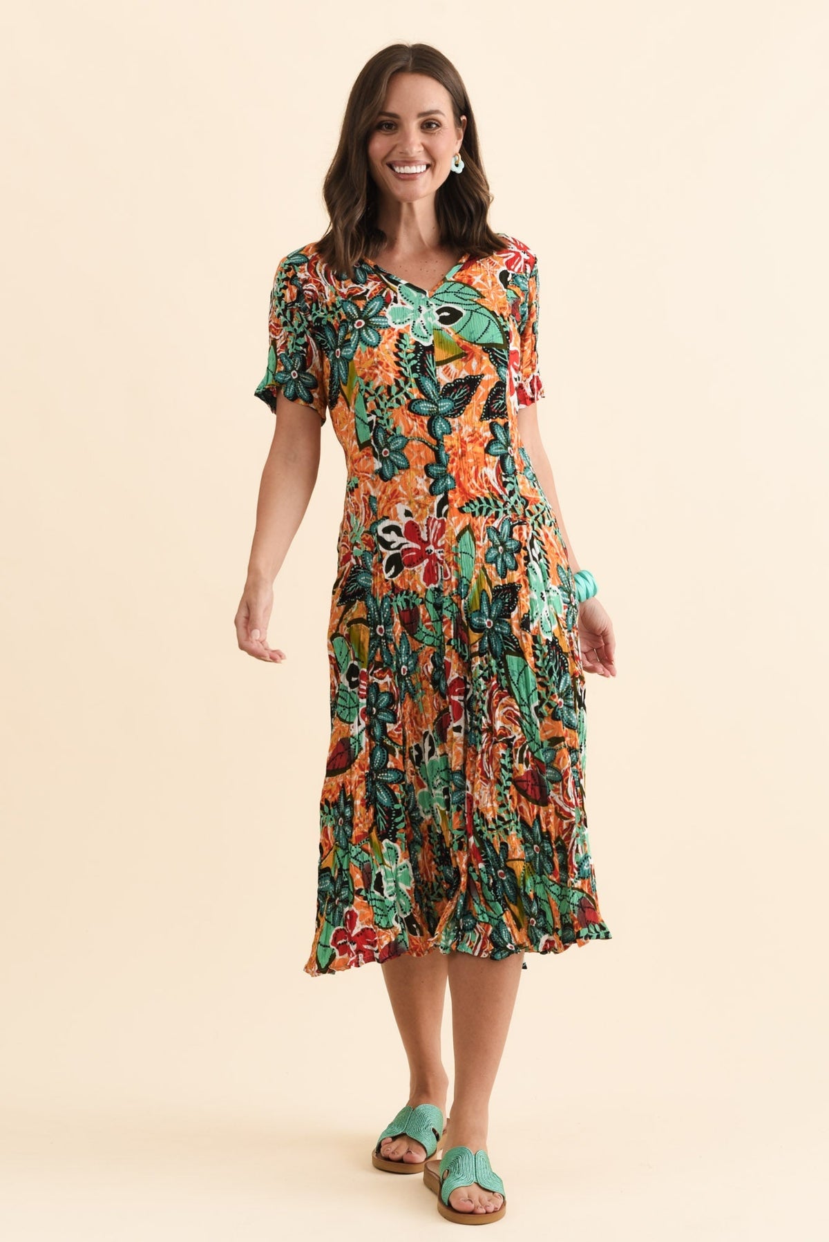 Danika Orange Floral Midi Dress Front View 2