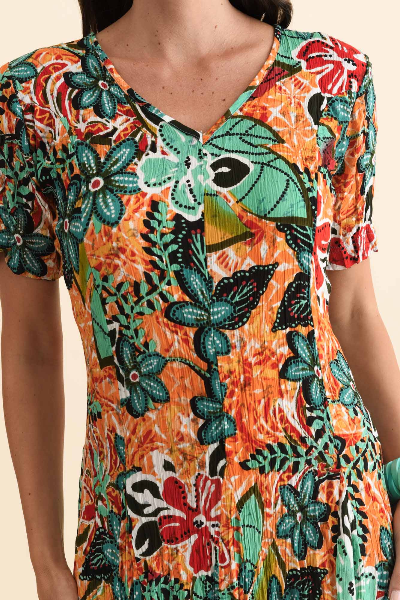 Danika Orange Floral Midi Dress Detail View