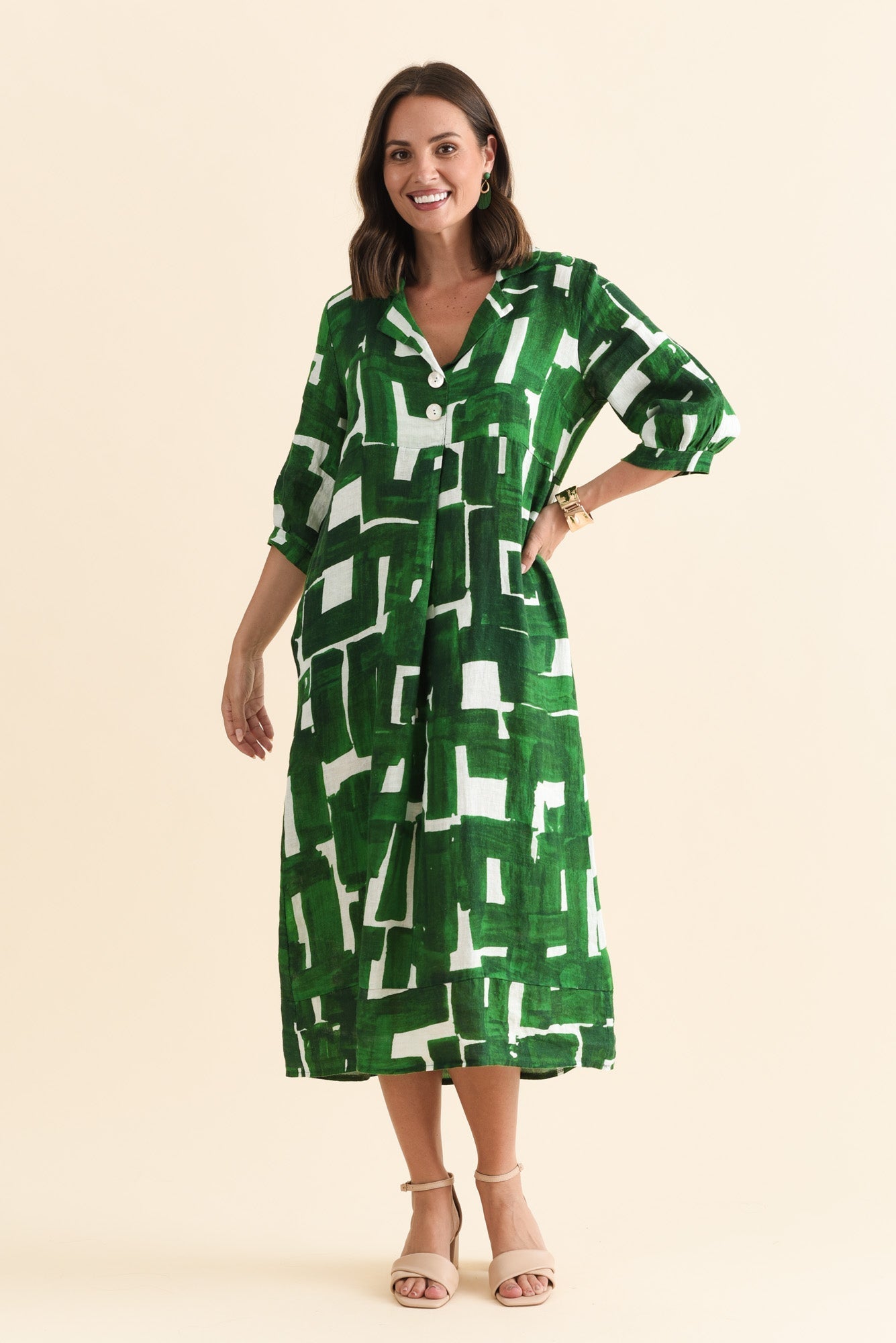 Daria Green Geo Linen Collared Dress Front View