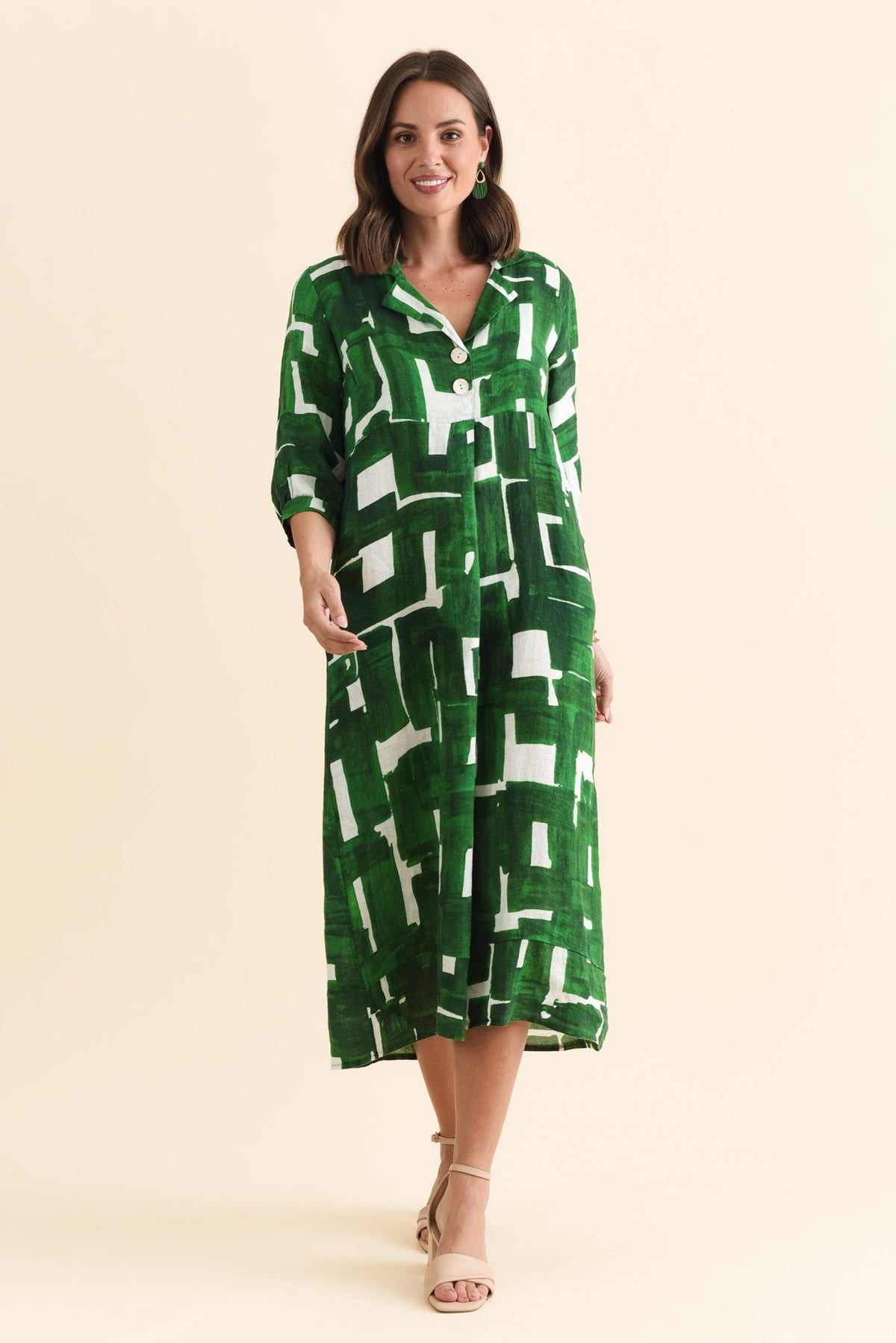 Daria Green Geo Linen Collared Dress Back View