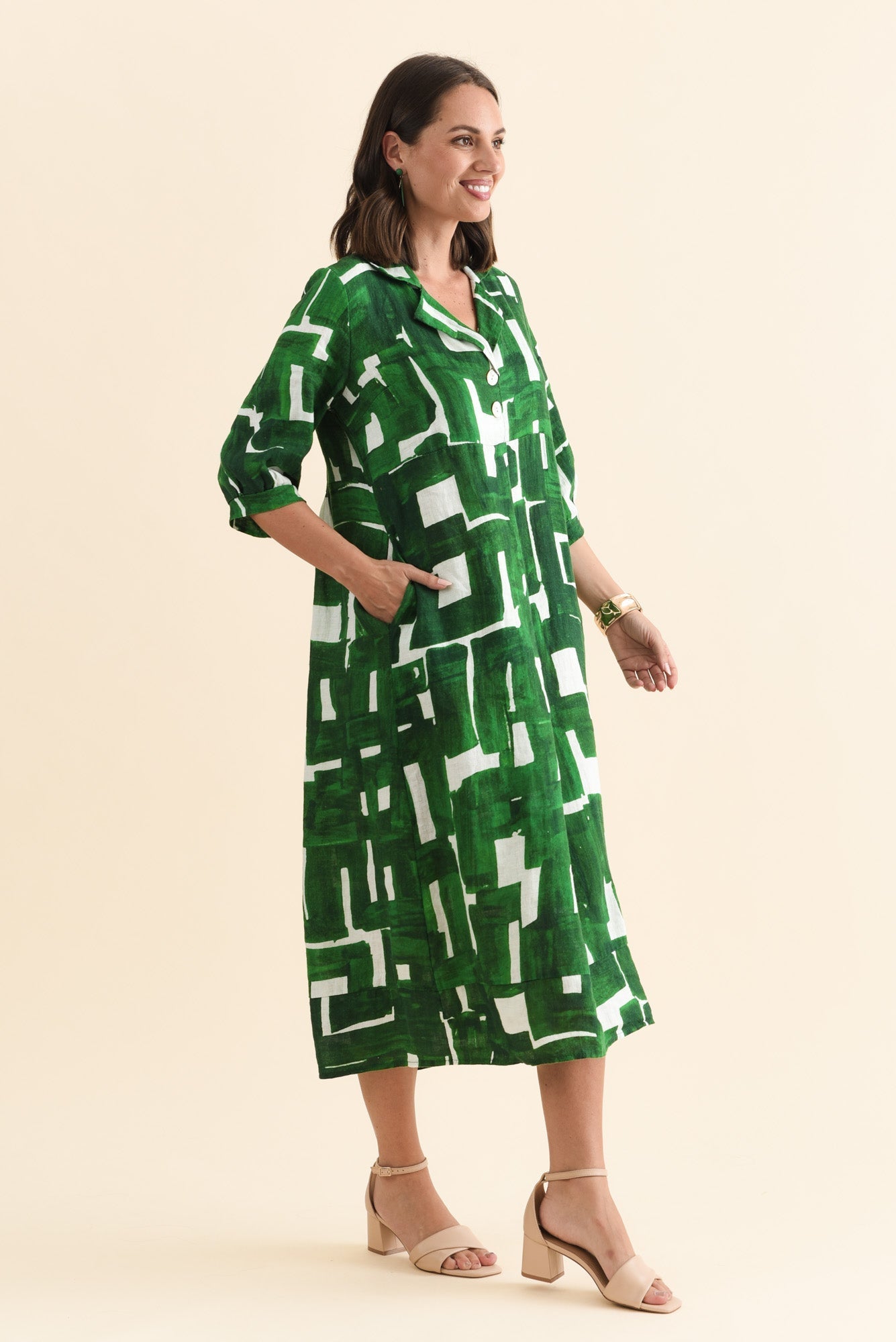 Daria Green Geo Linen Collared Dress Side View