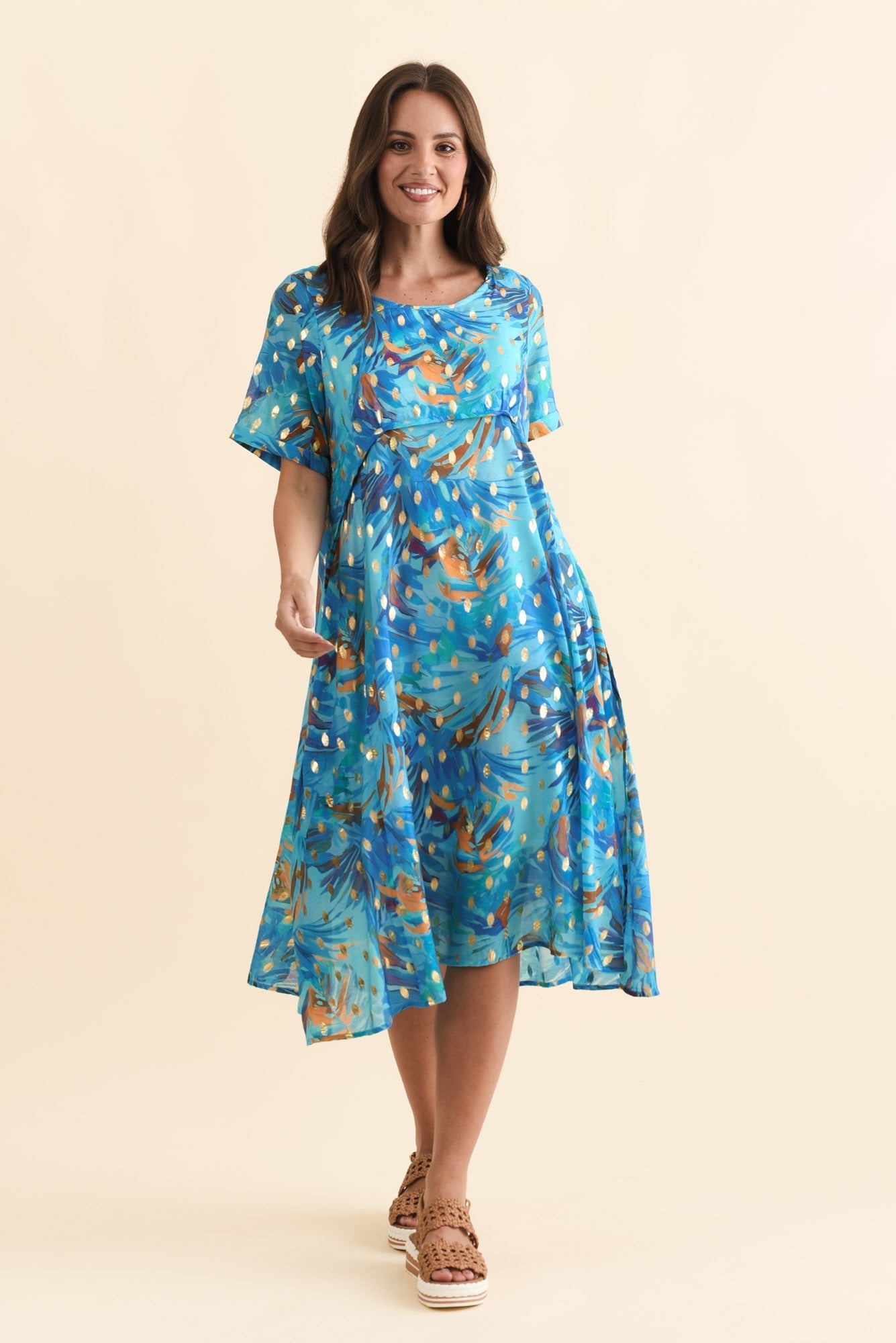 Darling Aqua Burst Foil Crescent Dress Front View 2