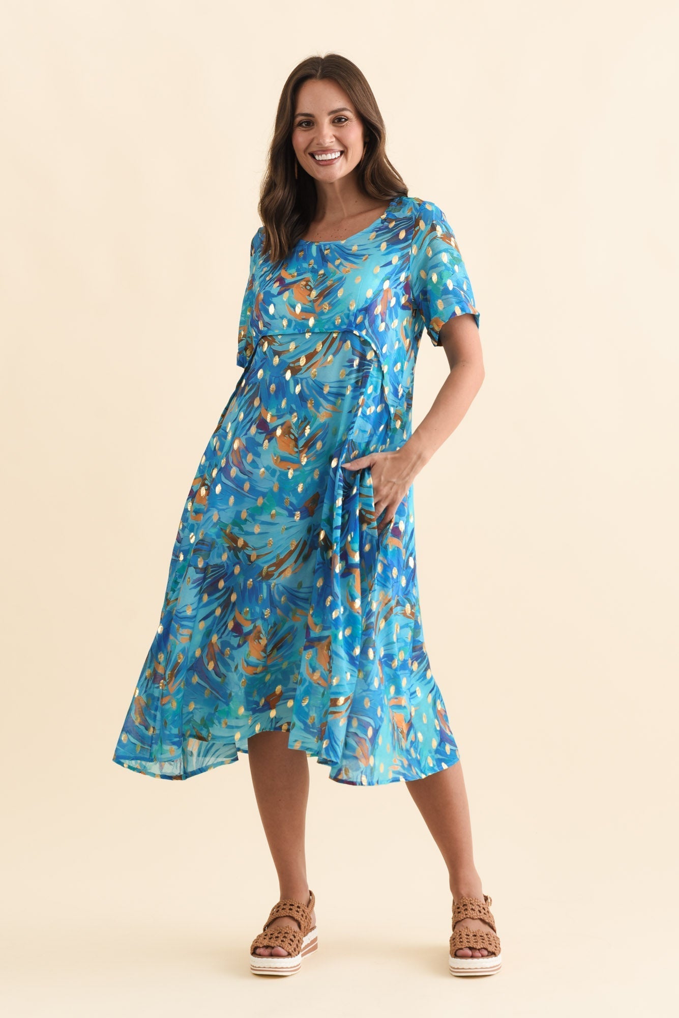 Darling Aqua Burst Foil Crescent Dress Front View