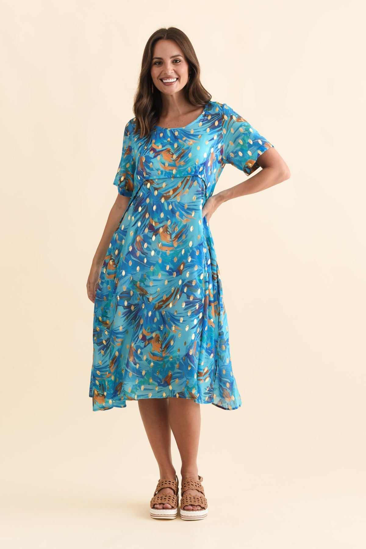 Darling Aqua Burst Foil Crescent Dress Full Length View