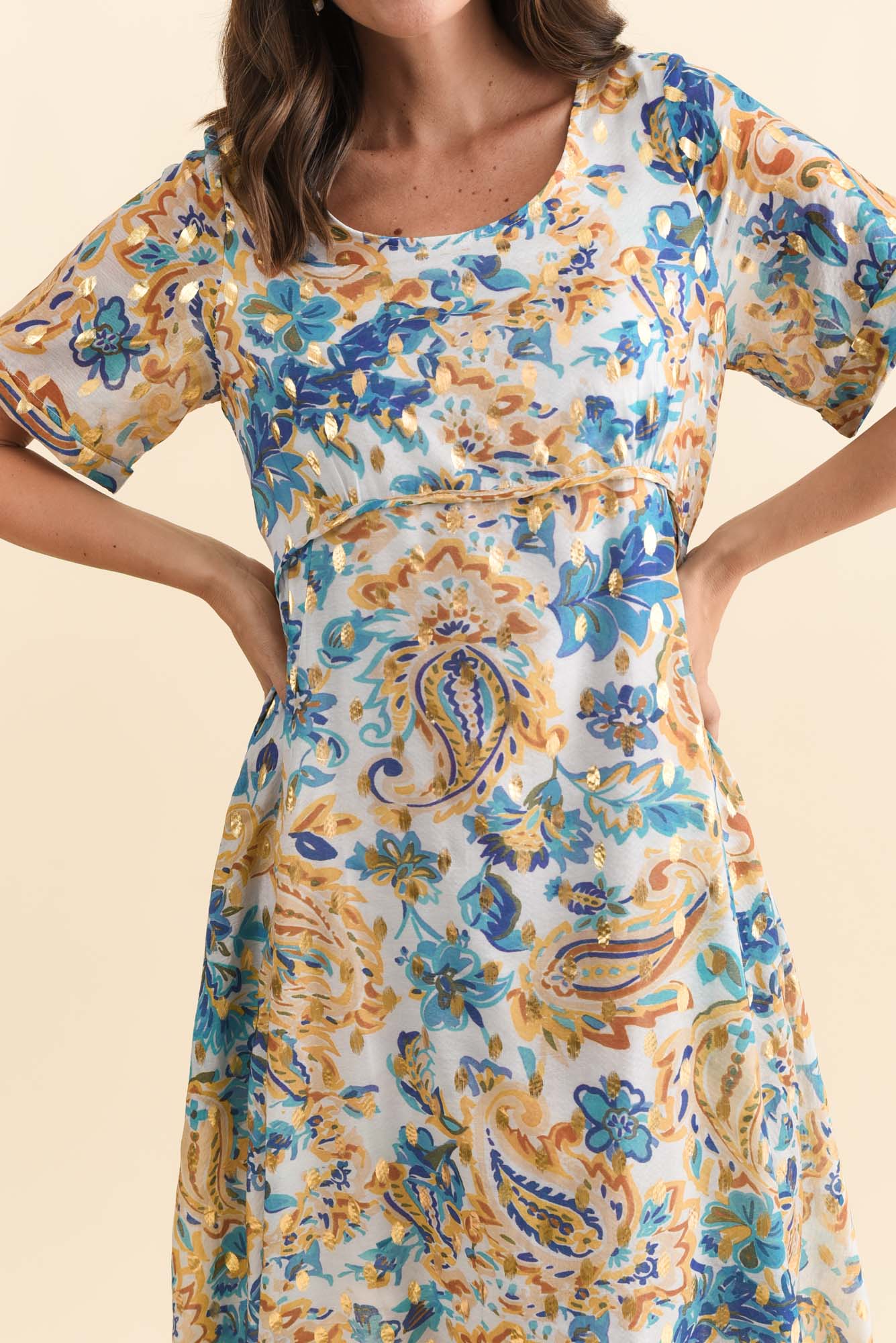 Darling Blue Paisley Foil Crescent Dress Detail View