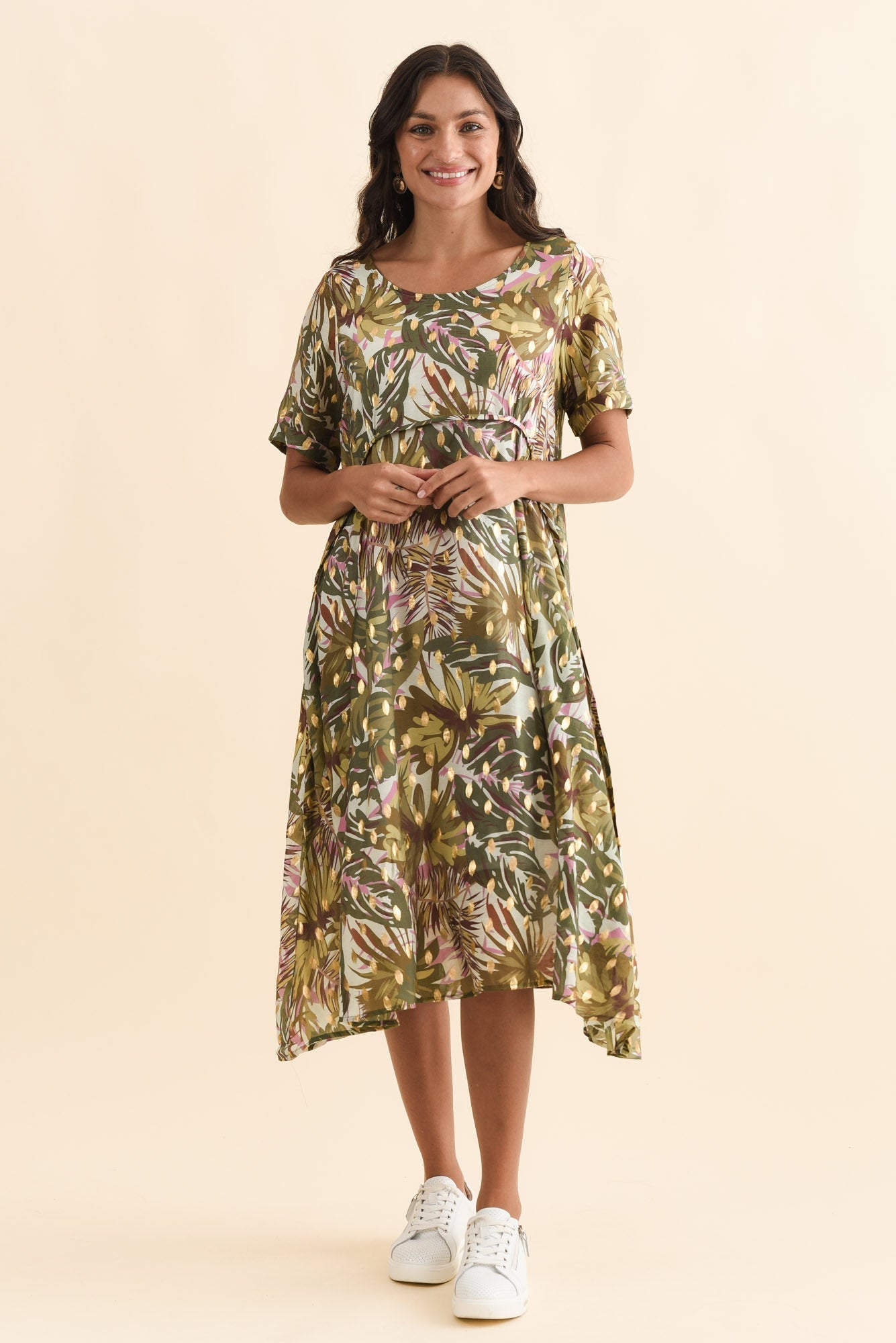 Darling Khaki Tropical Foil Crescent Dress Back View 2