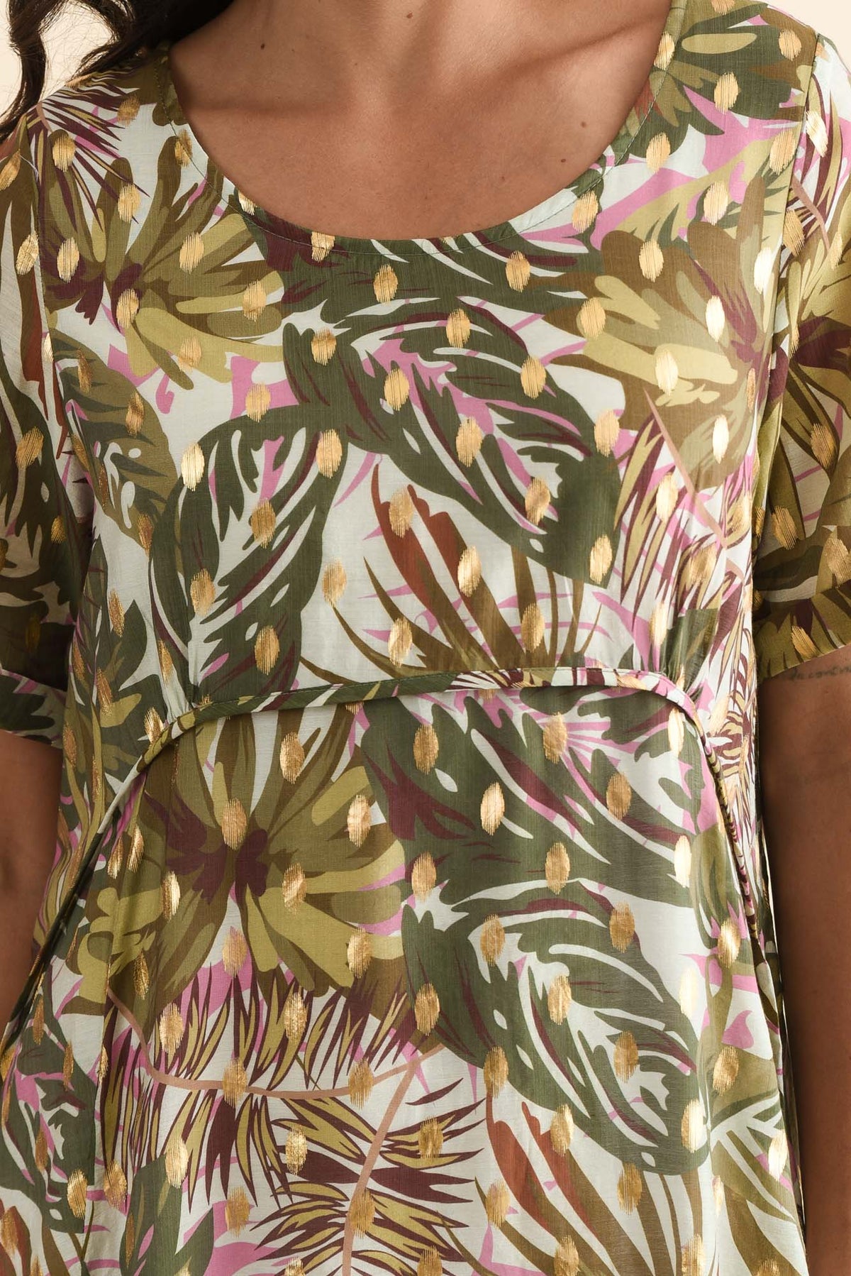 Darling Khaki Tropical Foil Crescent Dress Full Length View