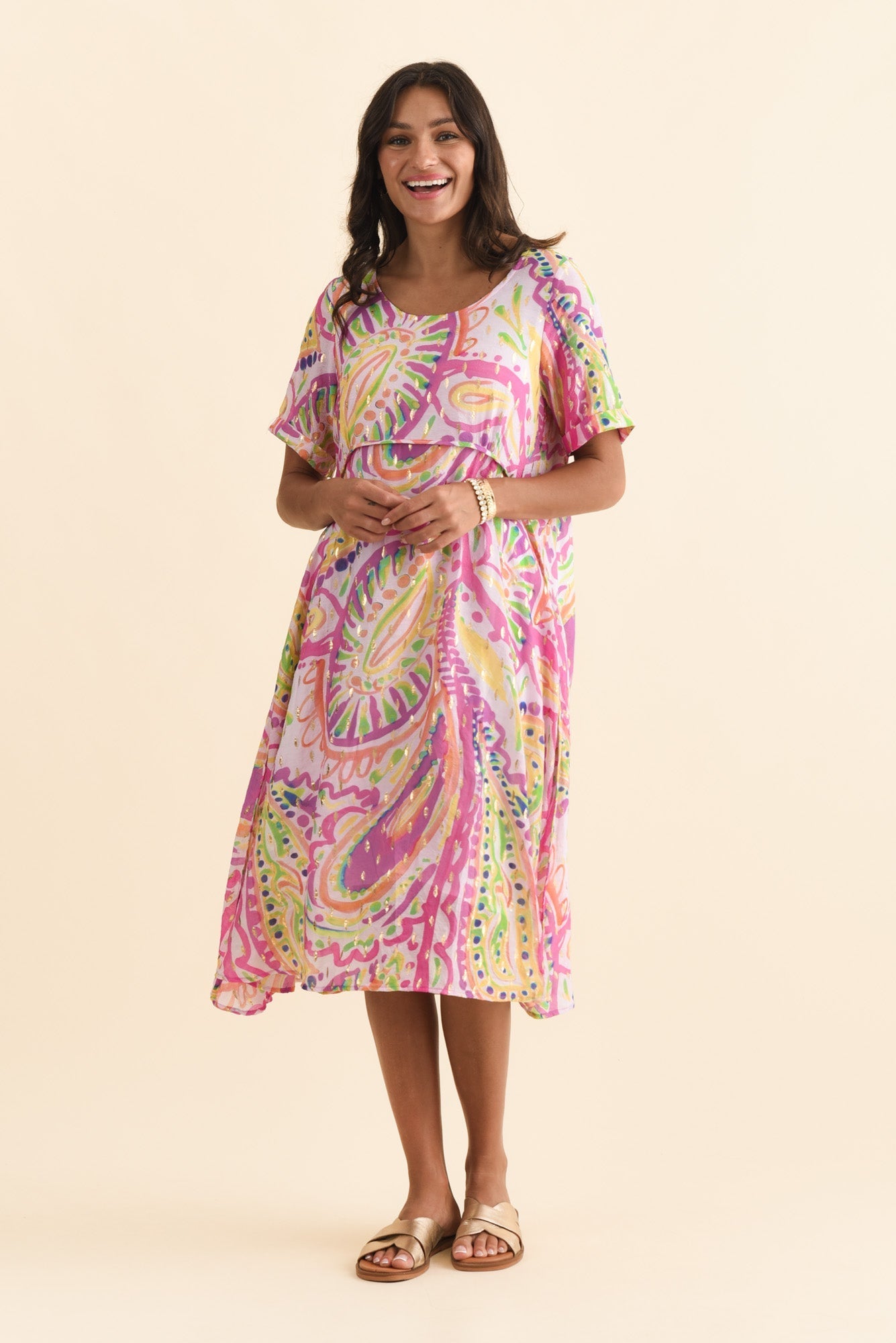 Darling Pink Abstract Foil Crescent Dress Front View 2