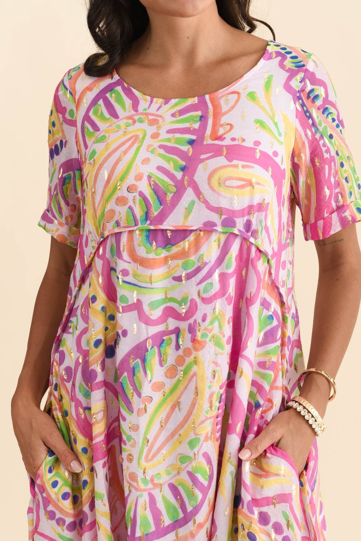 Darling Pink Abstract Foil Crescent Dress Detail View
