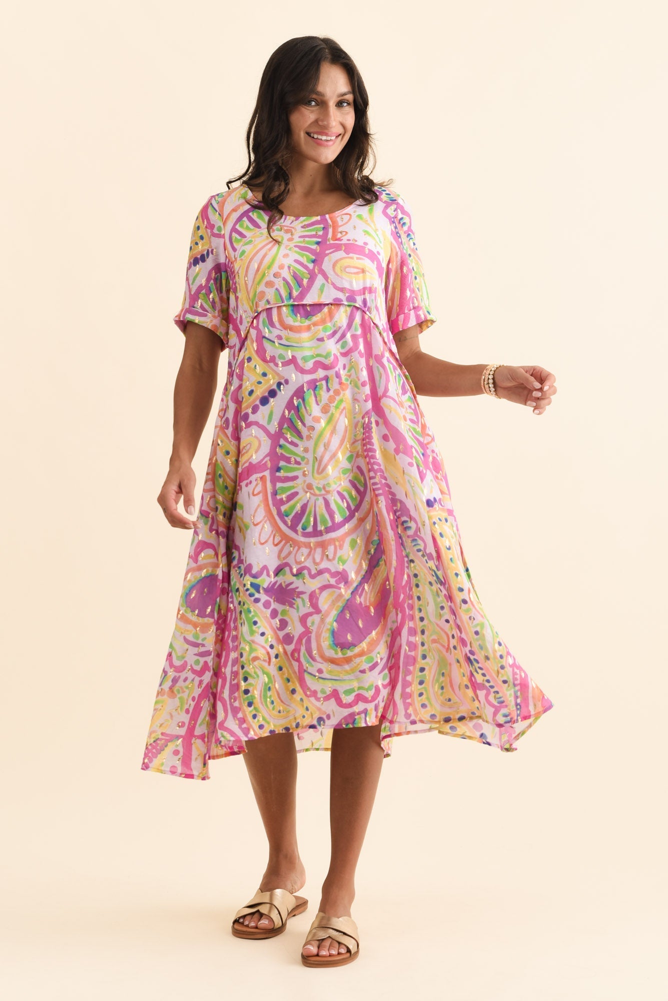Darling Pink Abstract Foil Crescent Dress Front View